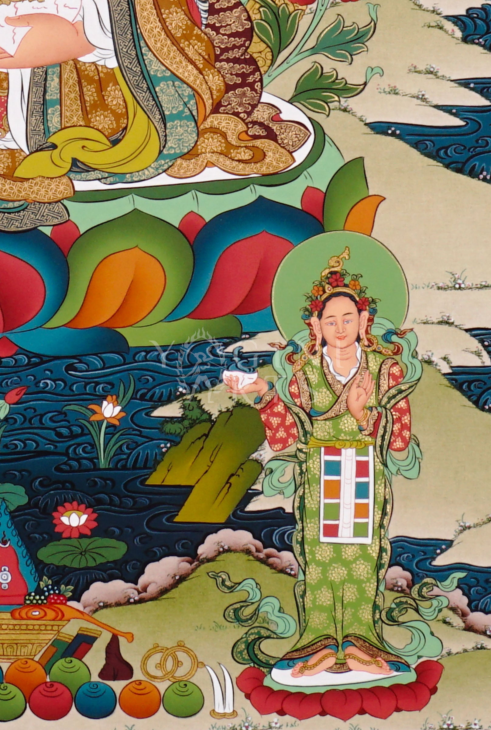Guru Rinpoche thangka featuring Padmasambhava seated on a lotus throne holding vajra and skull cup surrounded by Buddhist deities and Himalayan scenery