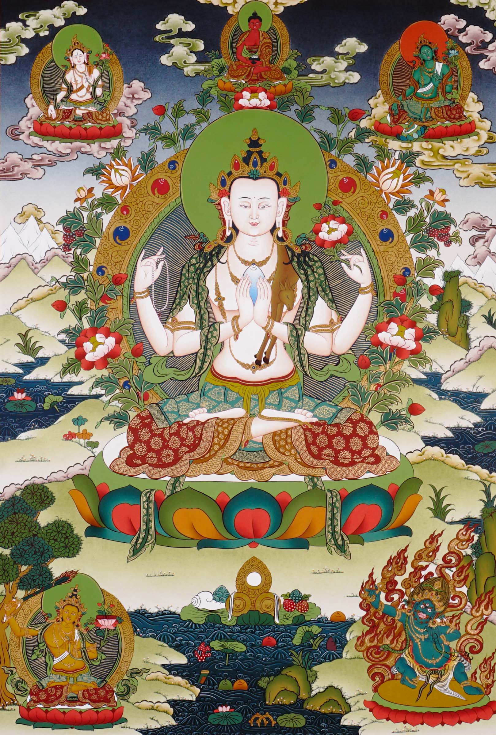 Chenrezig thangka featuring the four-armed Bodhisattva of Compassion seated on a lotus throne surrounded by sacred Buddhist figures and Himalayan scenery