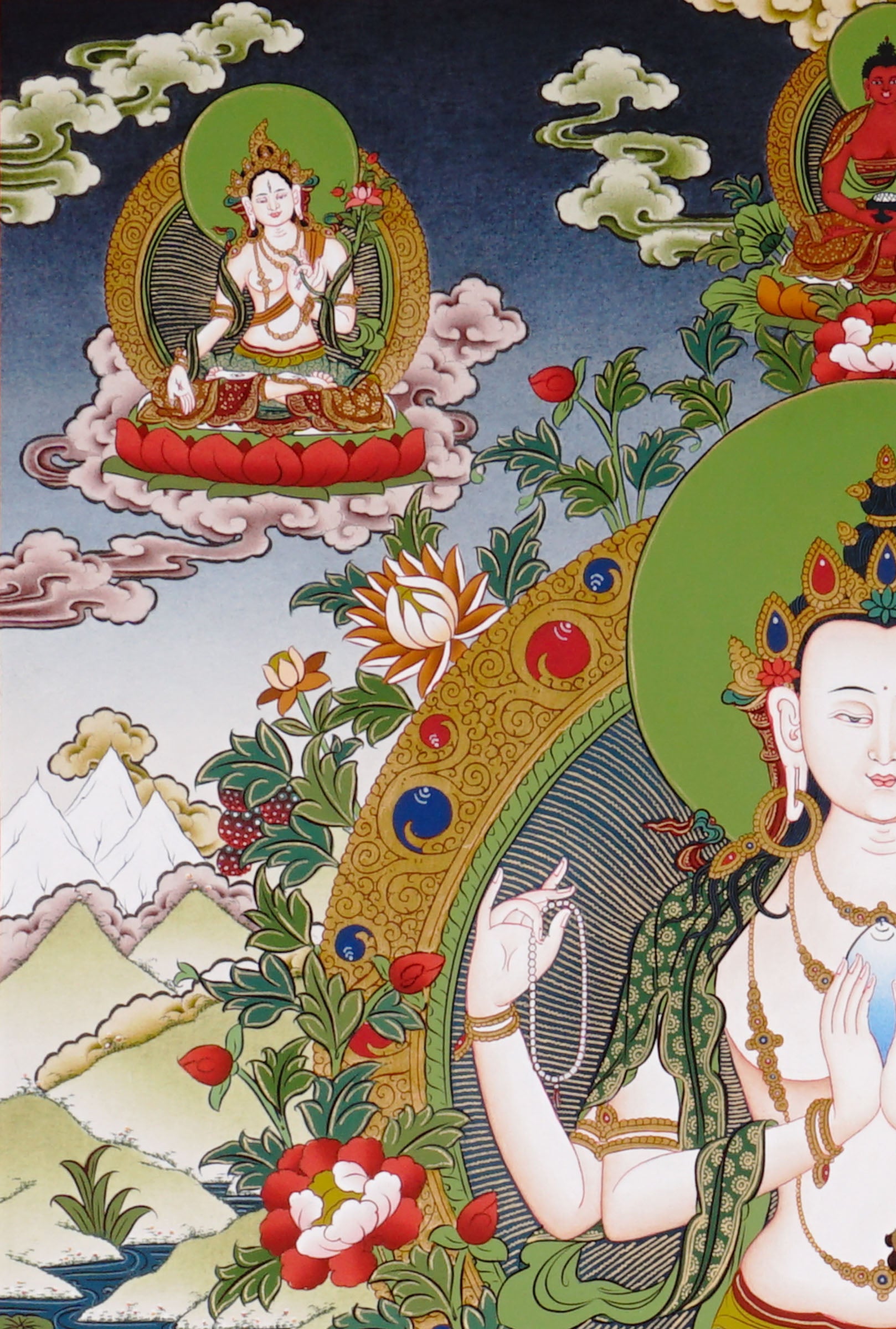 Chenrezig thangka featuring the four-armed Bodhisattva of Compassion seated on a lotus throne surrounded by sacred Buddhist figures and Himalayan scenery