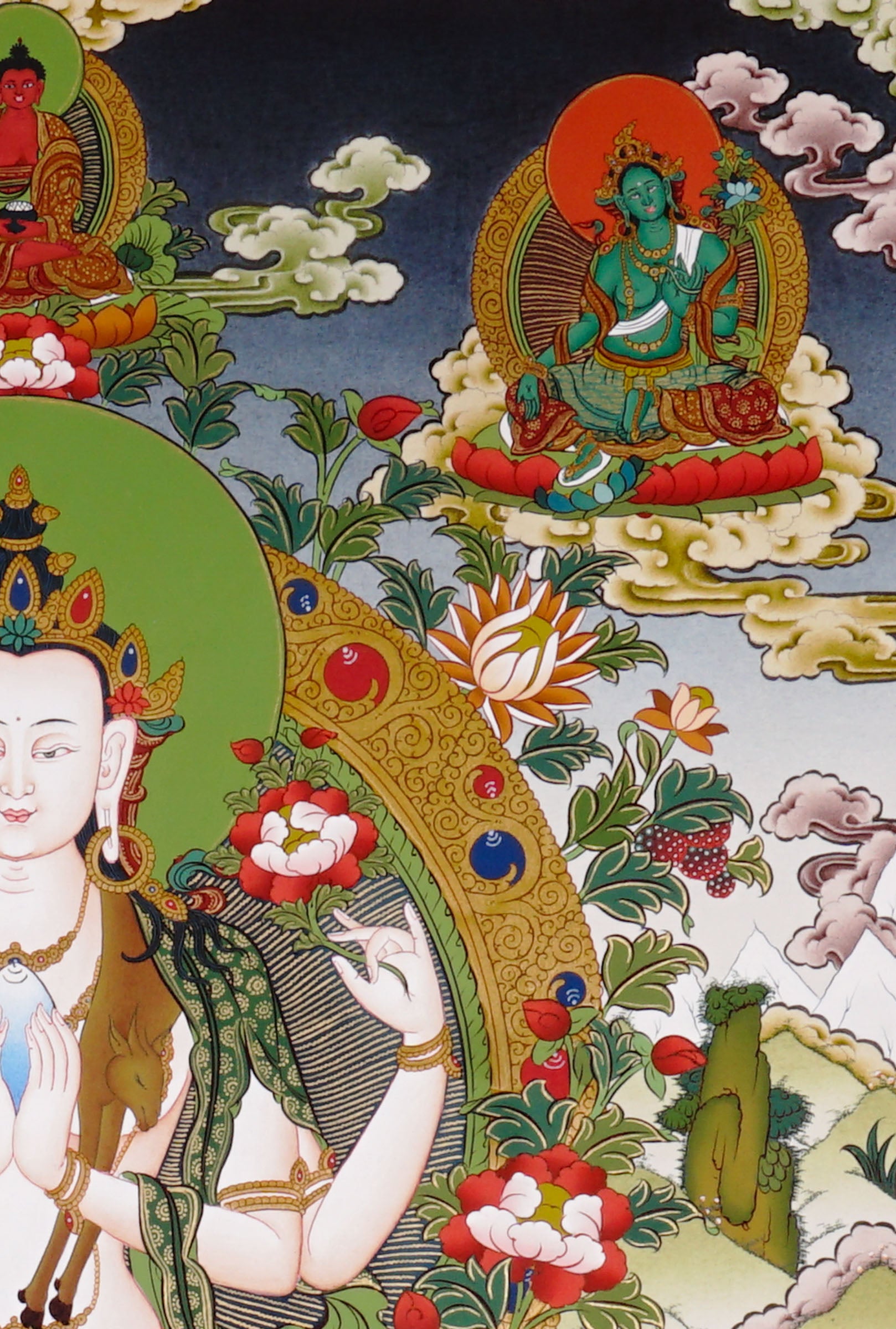 Chenrezig thangka featuring the four-armed Bodhisattva of Compassion seated on a lotus throne surrounded by sacred Buddhist figures and Himalayan scenery