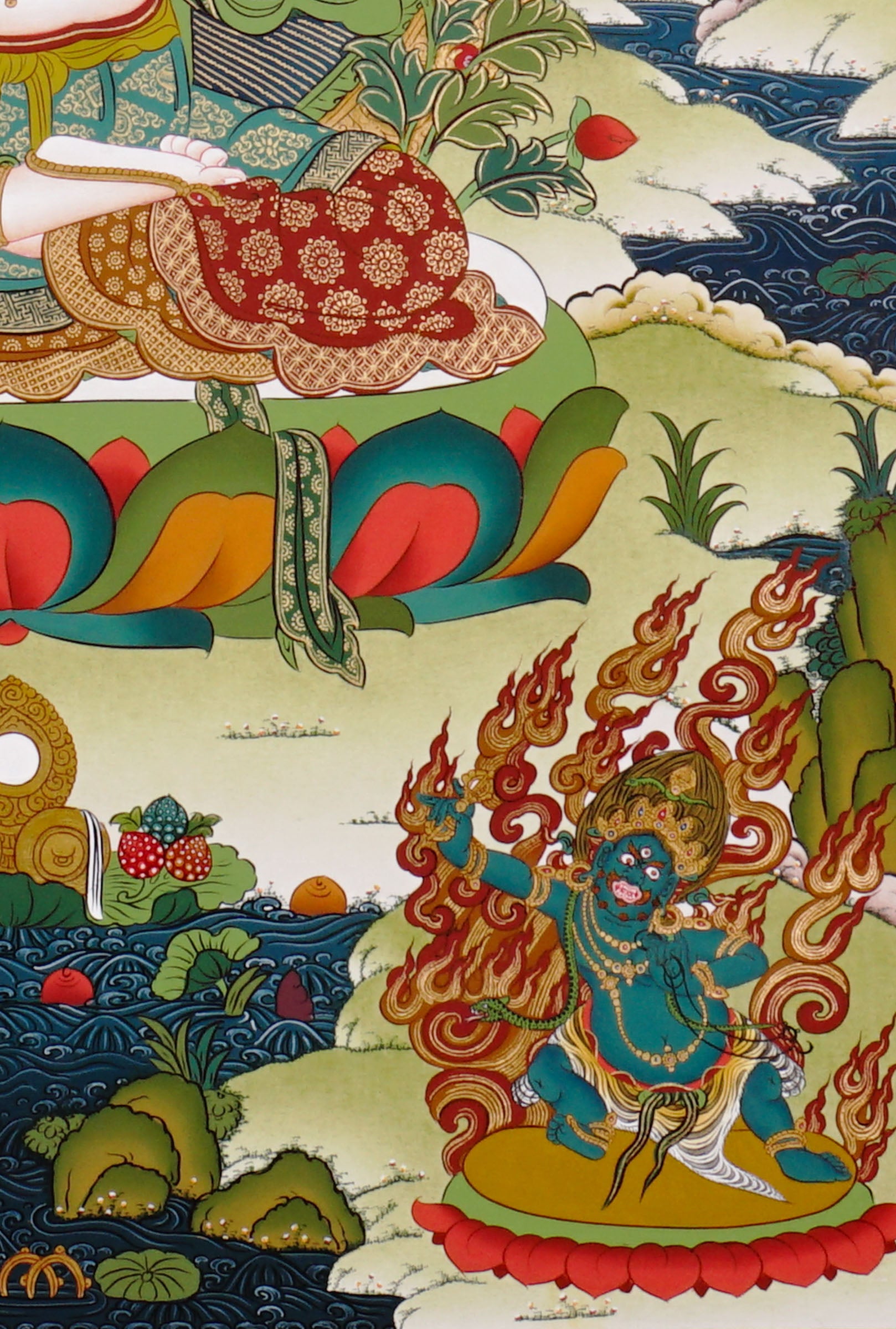 Chenrezig thangka featuring the four-armed Bodhisattva of Compassion seated on a lotus throne surrounded by sacred Buddhist figures and Himalayan scenery
