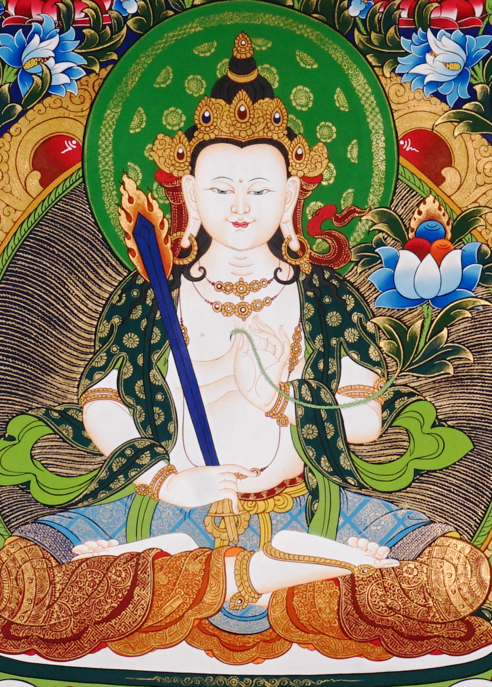 Hand-painted Akash Garva Tibetan thangka featuring the Buddhist wisdom bodhisattva seated on a lotus throne with sacred sword and celestial Buddhas