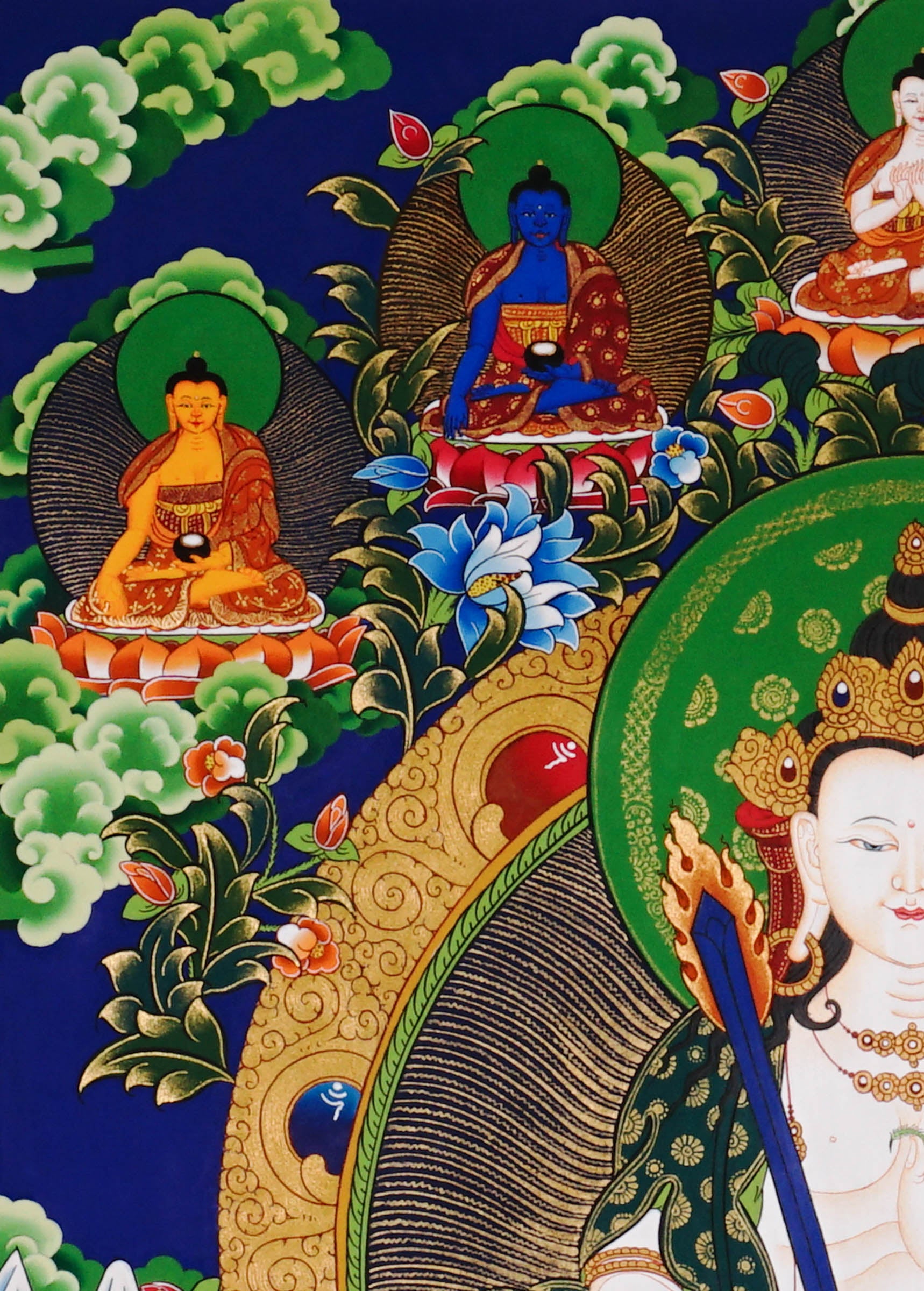 Hand-painted Akash Garva Tibetan thangka featuring the Buddhist wisdom bodhisattva seated on a lotus throne with sacred sword and celestial Buddhas