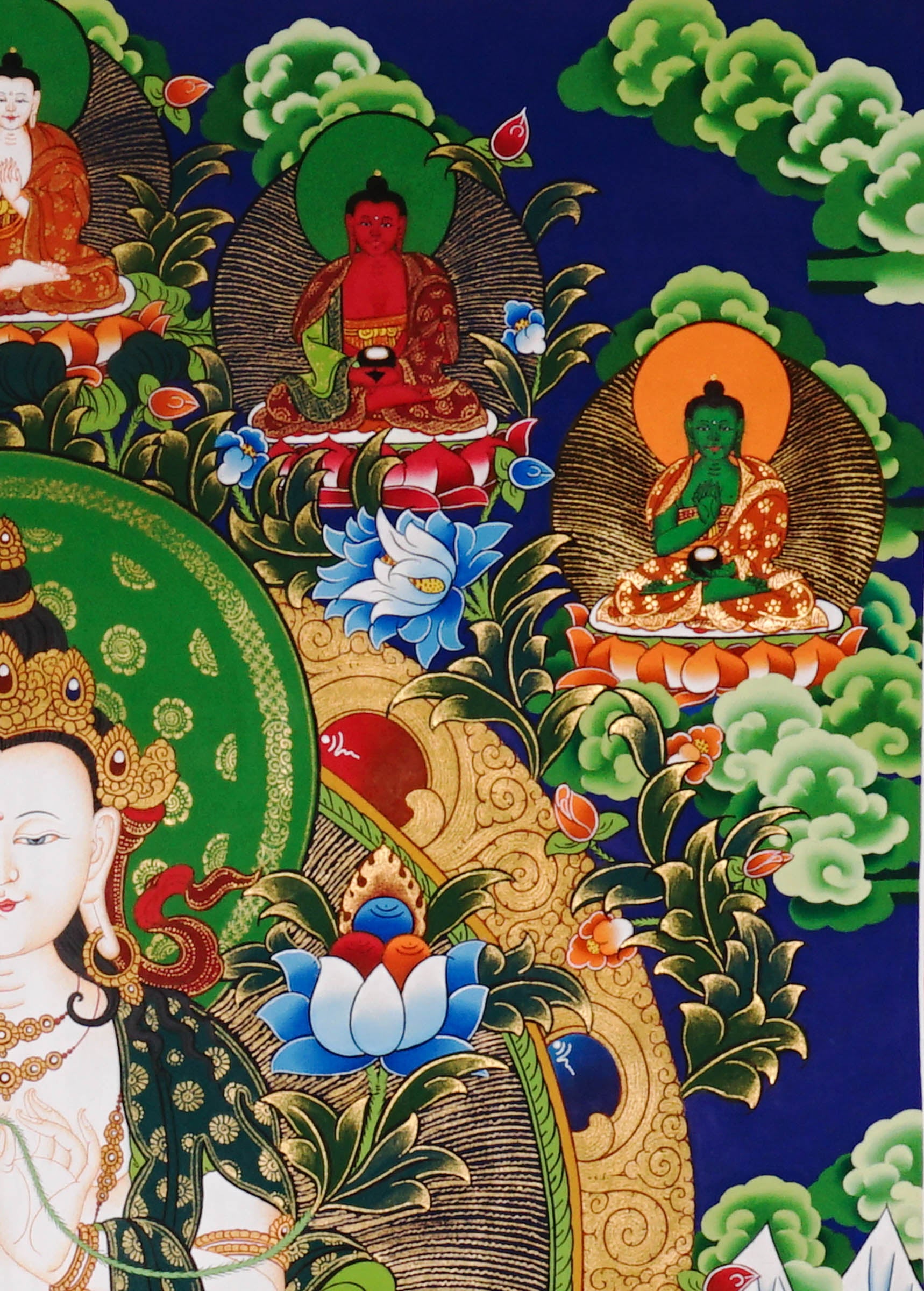 Hand-painted Akash Garva Tibetan thangka featuring the Buddhist wisdom bodhisattva seated on a lotus throne with sacred sword and celestial Buddhas