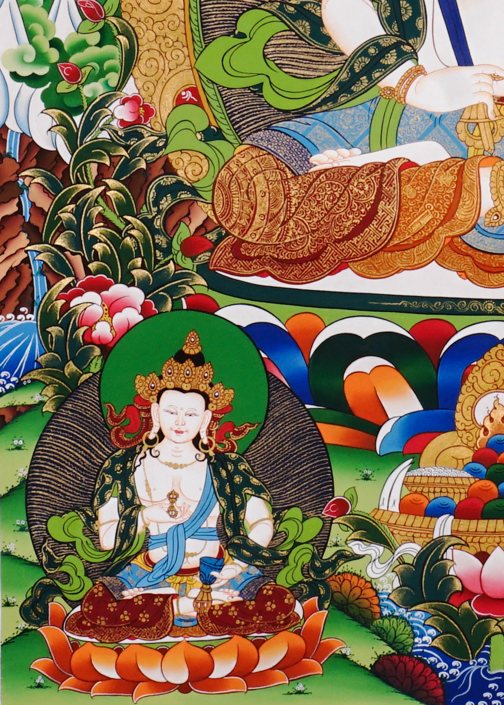 Hand-painted Akash Garva Tibetan thangka featuring the Buddhist wisdom bodhisattva seated on a lotus throne with sacred sword and celestial Buddhas