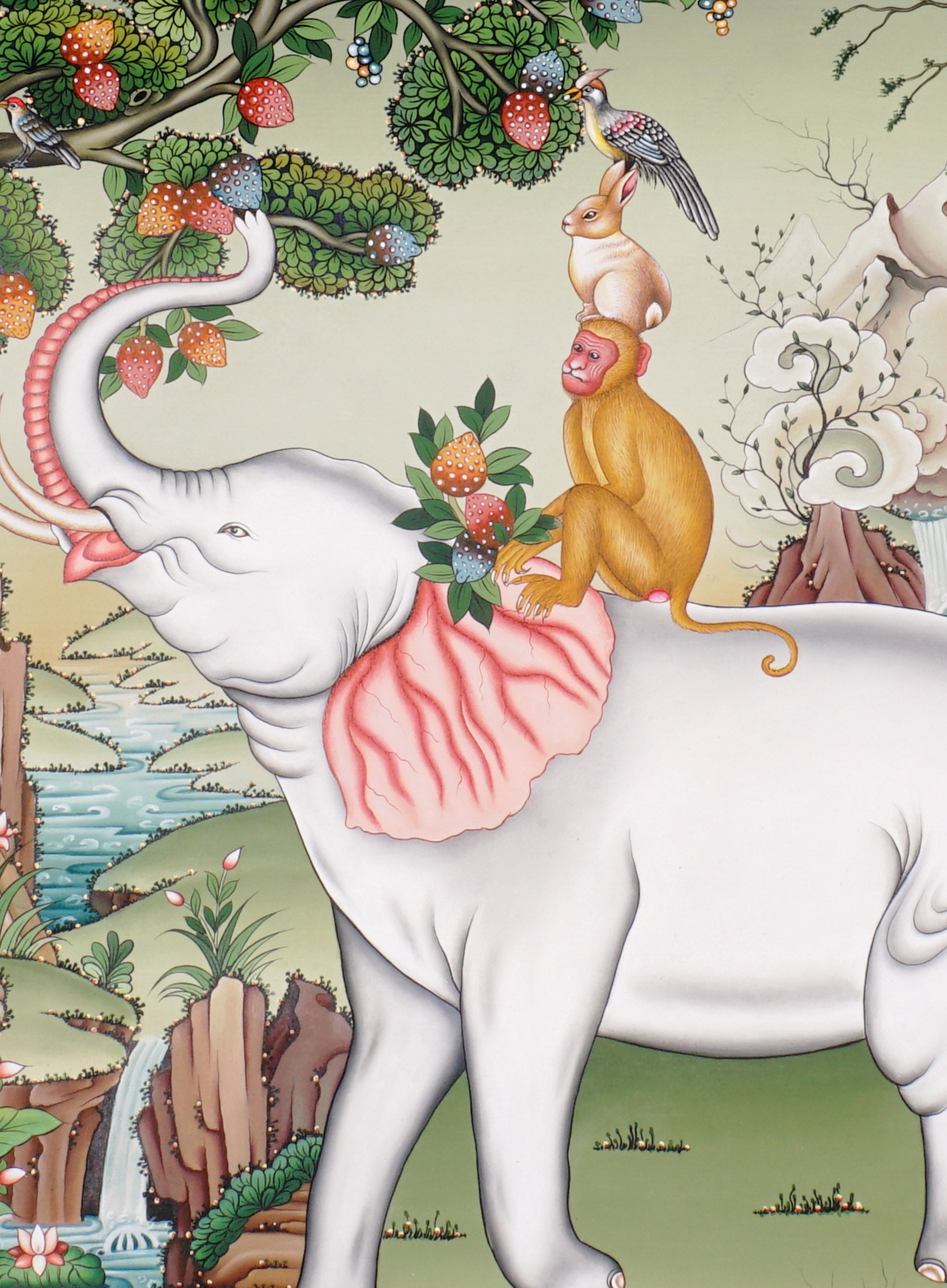 Traditional Tibetan Four Harmonious Friends painting featuring a white elephant, monkey, rabbit, and bird beneath a fruit tree in a peaceful Himalayan landscape