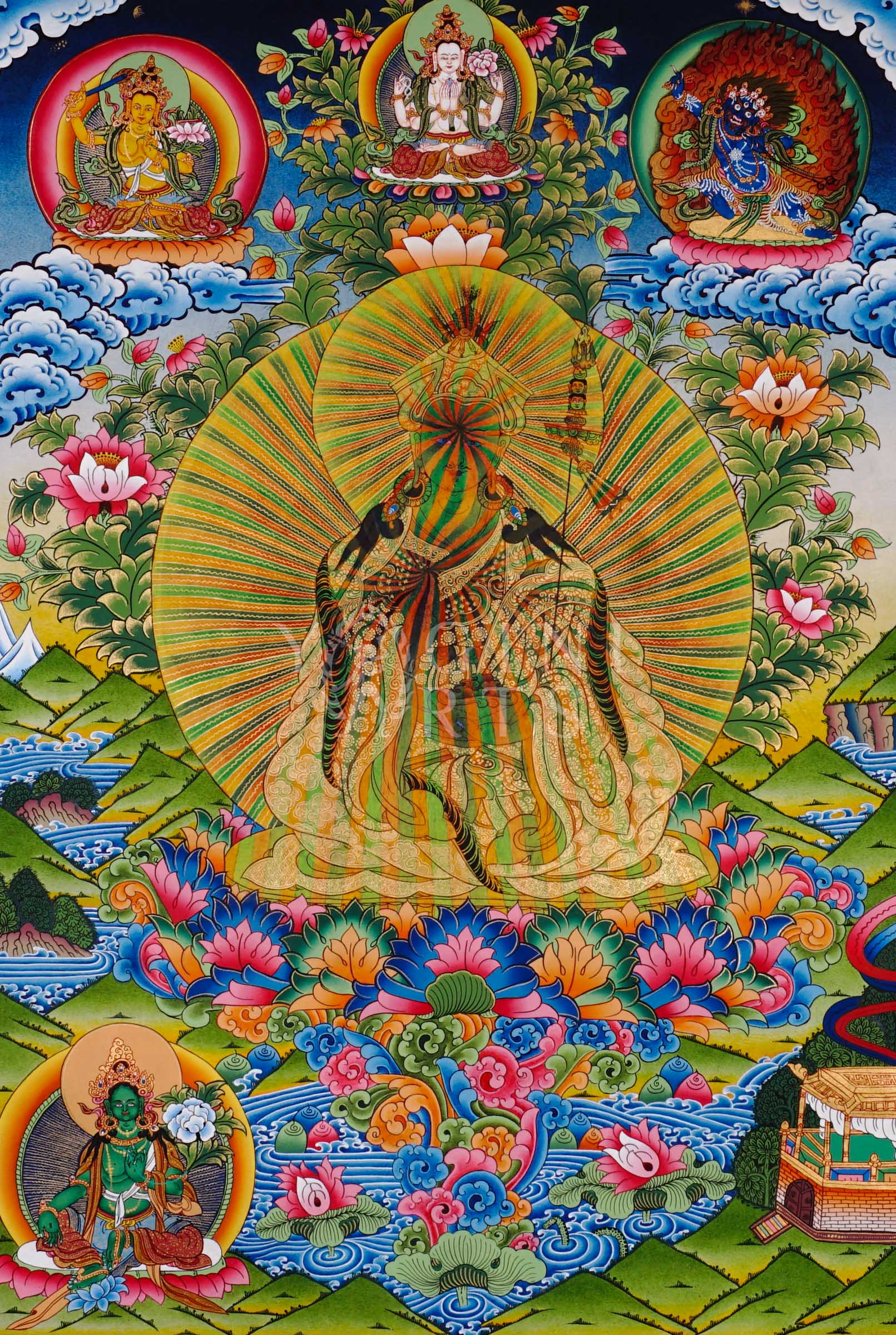 Rainbow Guru Tibetan Buddhist thangka featuring radiant rainbow aura surrounded by lotus flowers and celestial deities