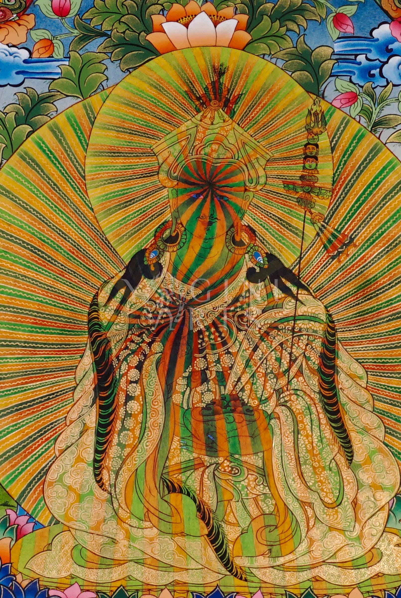 Rainbow Guru Tibetan Buddhist thangka featuring radiant rainbow aura surrounded by lotus flowers and celestial deities