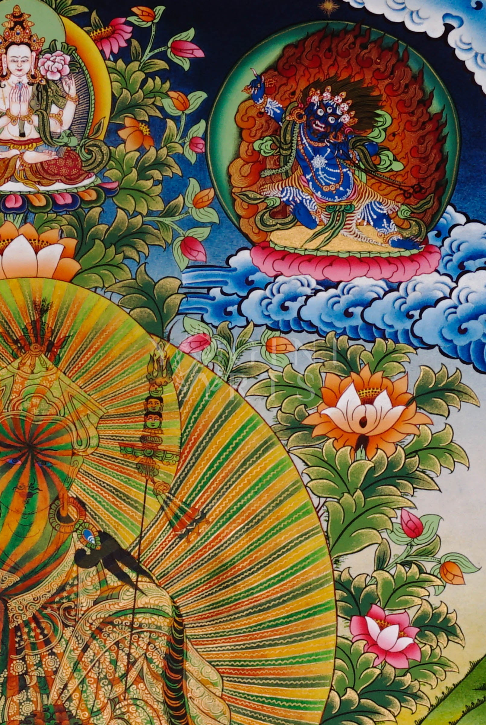 Rainbow Guru Tibetan Buddhist thangka featuring radiant rainbow aura surrounded by lotus flowers and celestial deities