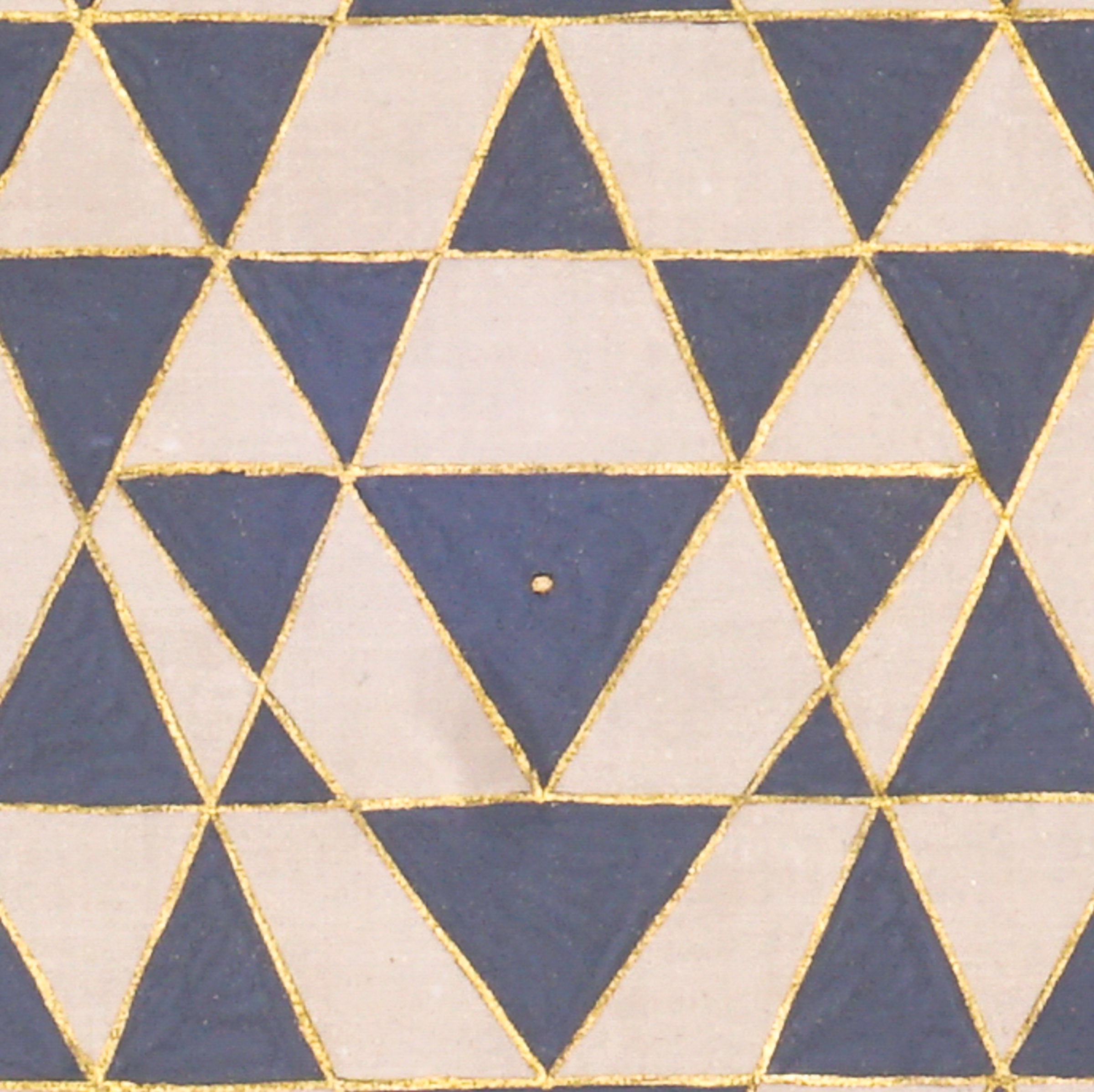 Shree Yantra sacred geometry artwork featuring interlocking blue triangles and gold outlines within a circular mandala