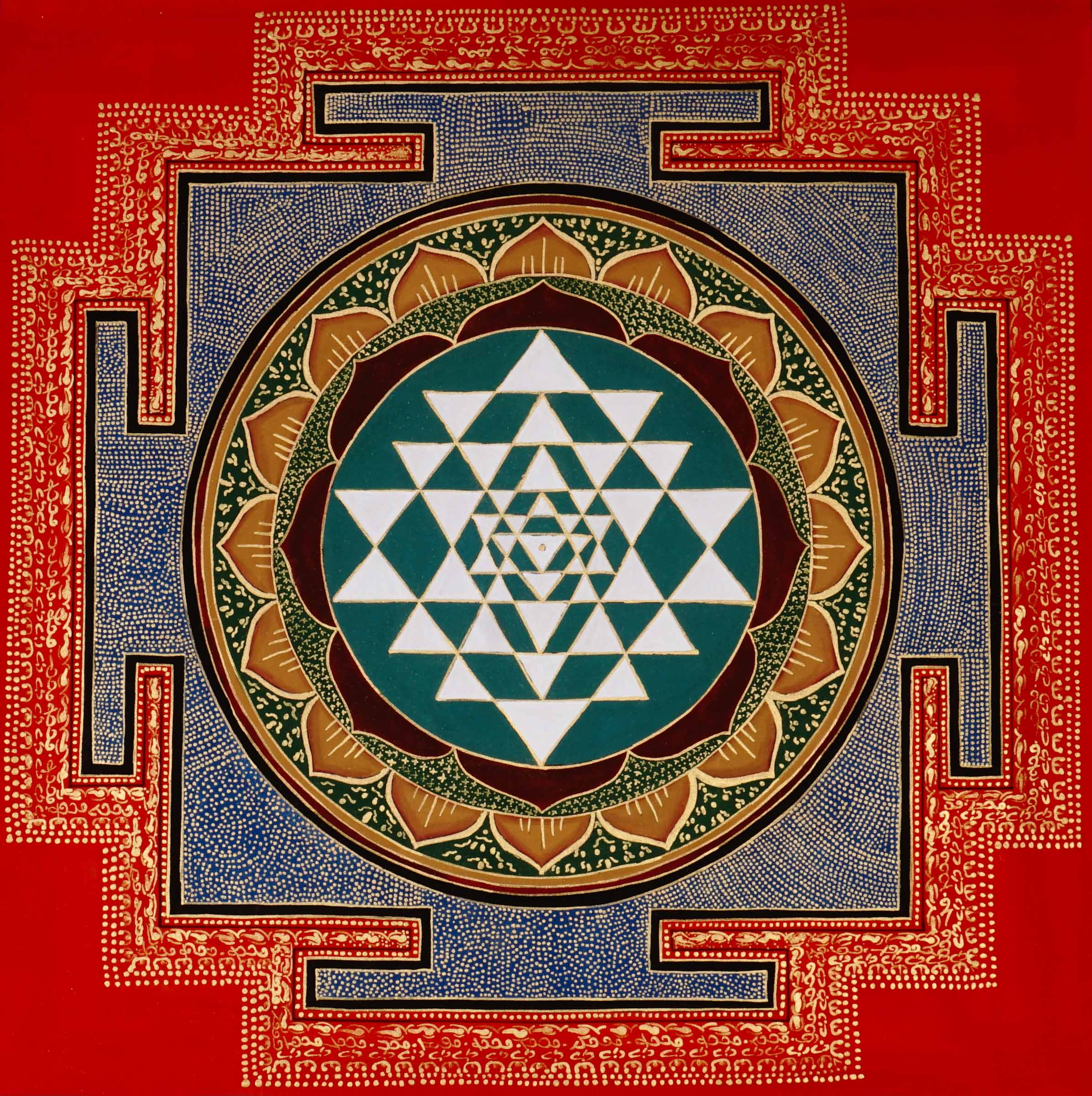 Hand-painted Shree Yantra mandala artwork featuring sacred geometric triangles within a lotus circle and red Tantric border