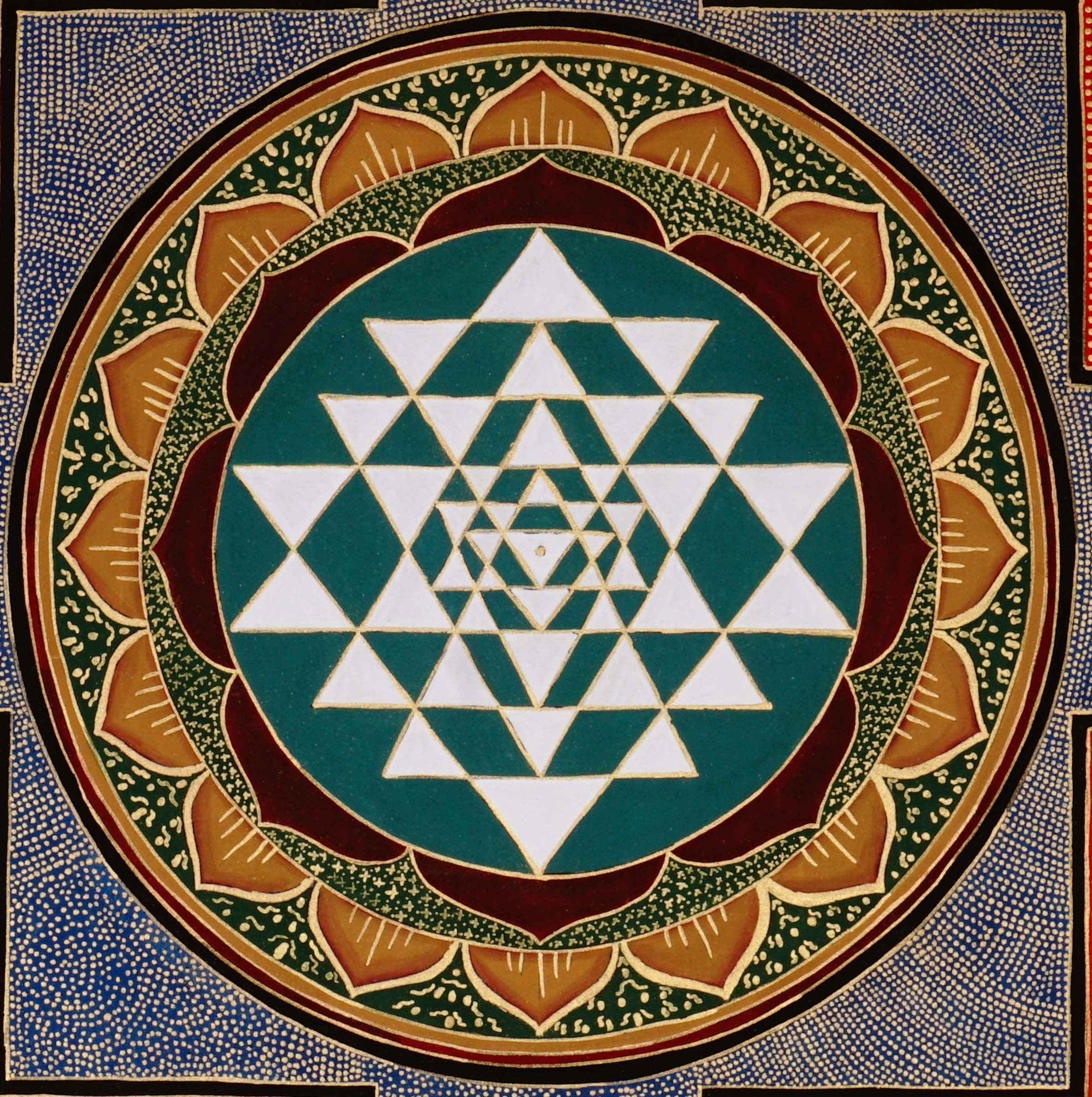 Hand-painted Shree Yantra mandala artwork featuring sacred geometric triangles within a lotus circle and red Tantric border