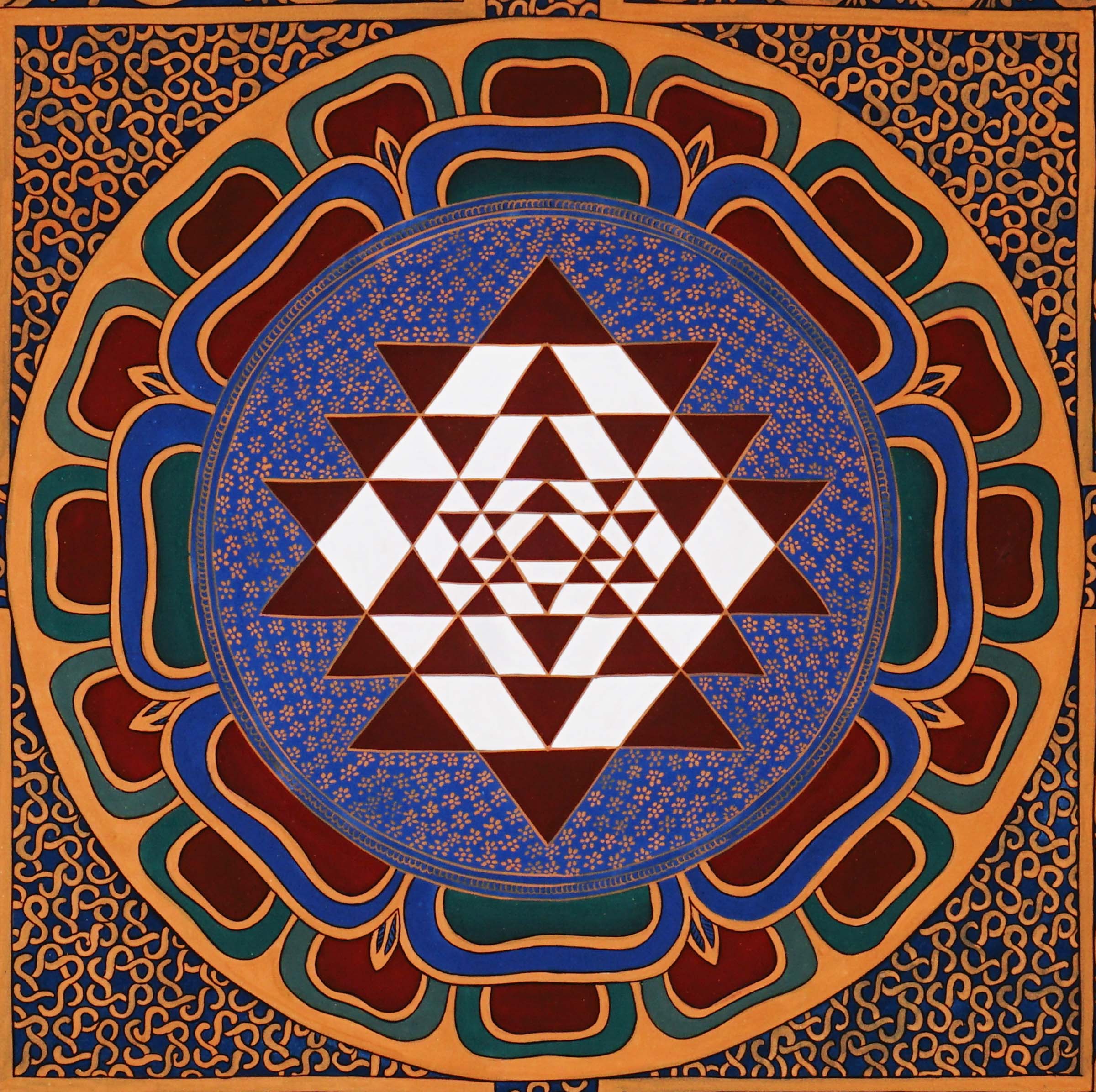 Hand-painted Shree Yantra lotus mandala featuring sacred geometric triangles within an ornate Tantric decorative border