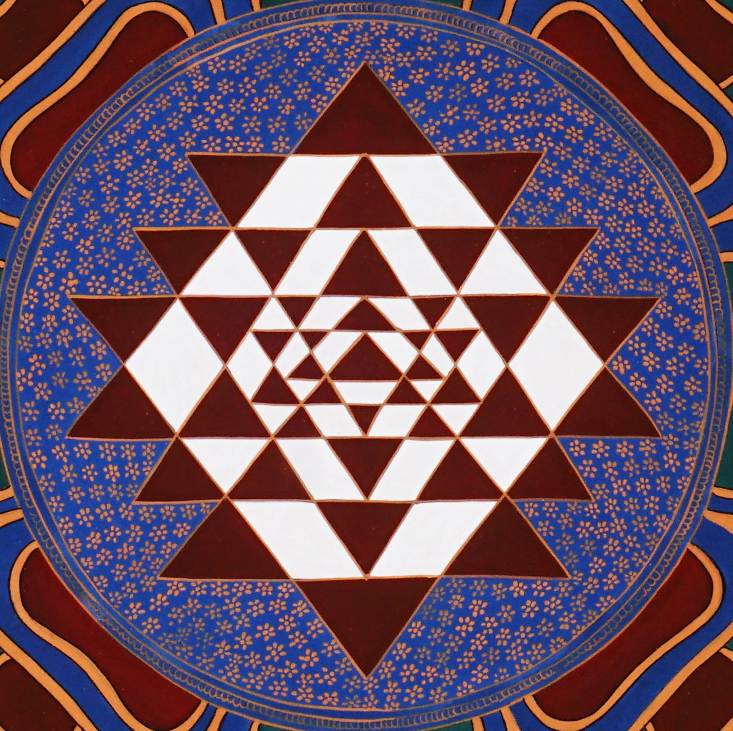 Hand-painted Shree Yantra lotus mandala featuring sacred geometric triangles within an ornate Tantric decorative border
