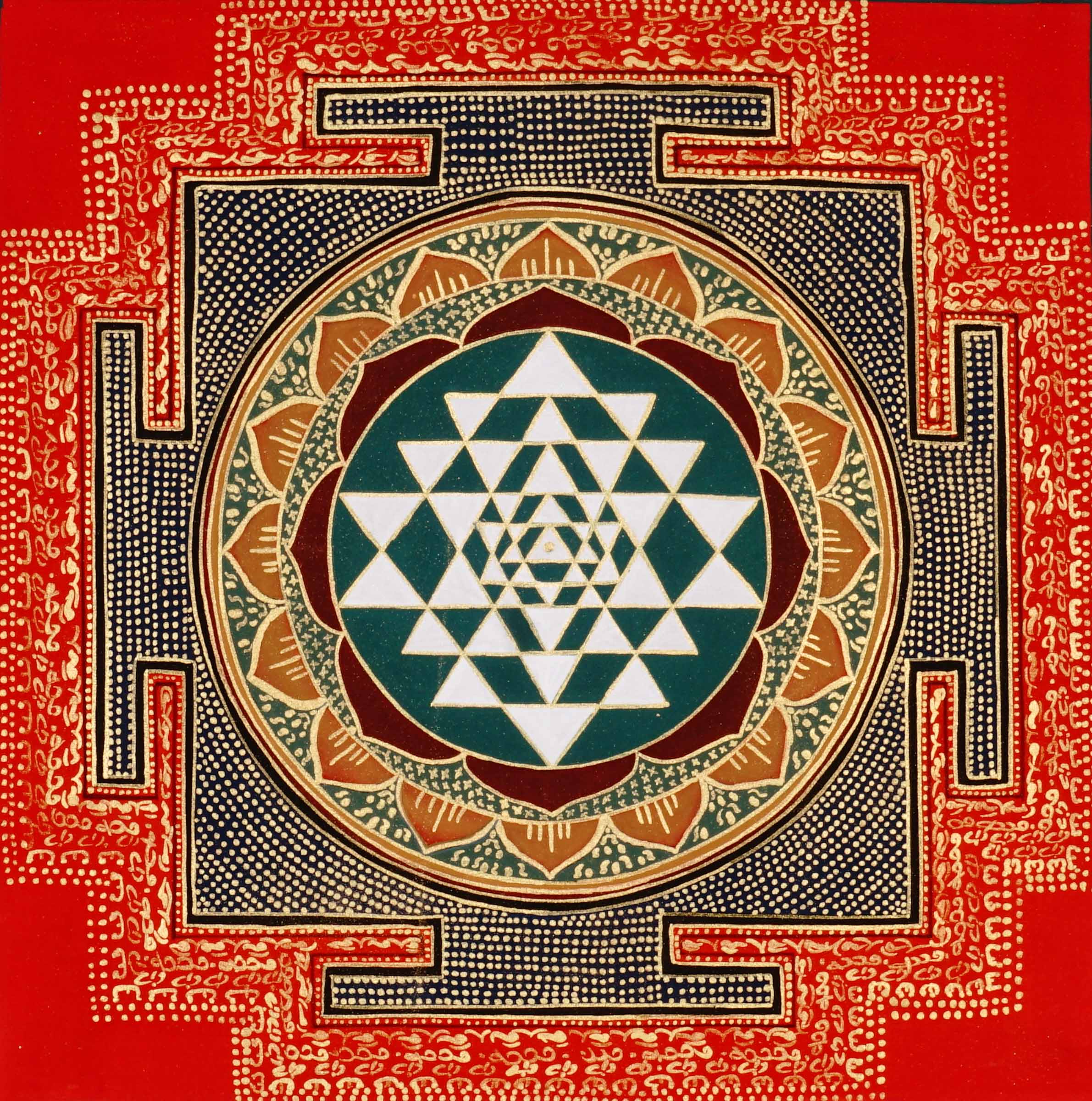 Hand-painted Shree Yantra mandala featuring sacred geometric triangles within a red Tantric border and lotus circle