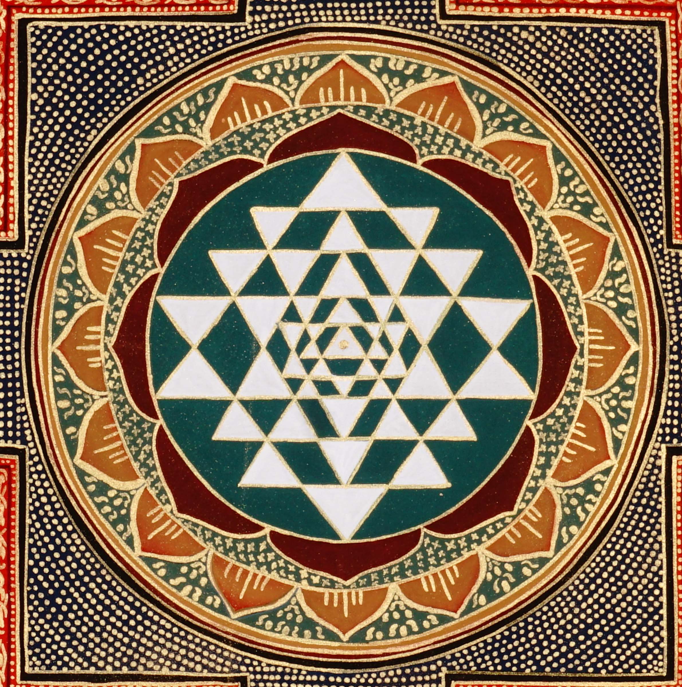 Hand-painted Shree Yantra mandala featuring sacred geometric triangles within a red Tantric border and lotus circle