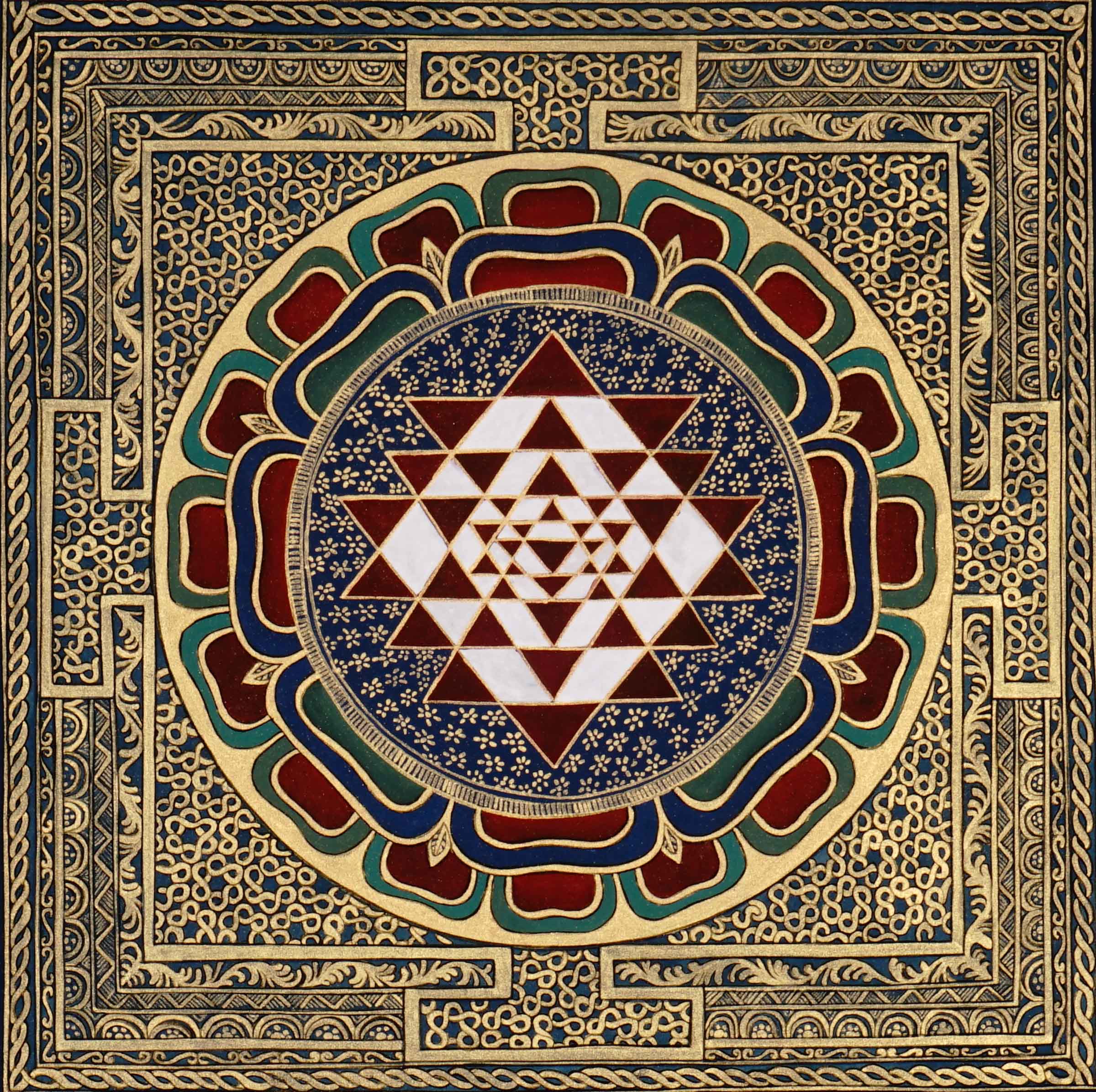 Hand-painted traditional Shree Yantra mandala with sacred geometric triangles, lotus layers, and intricate gold-style ornamental borders