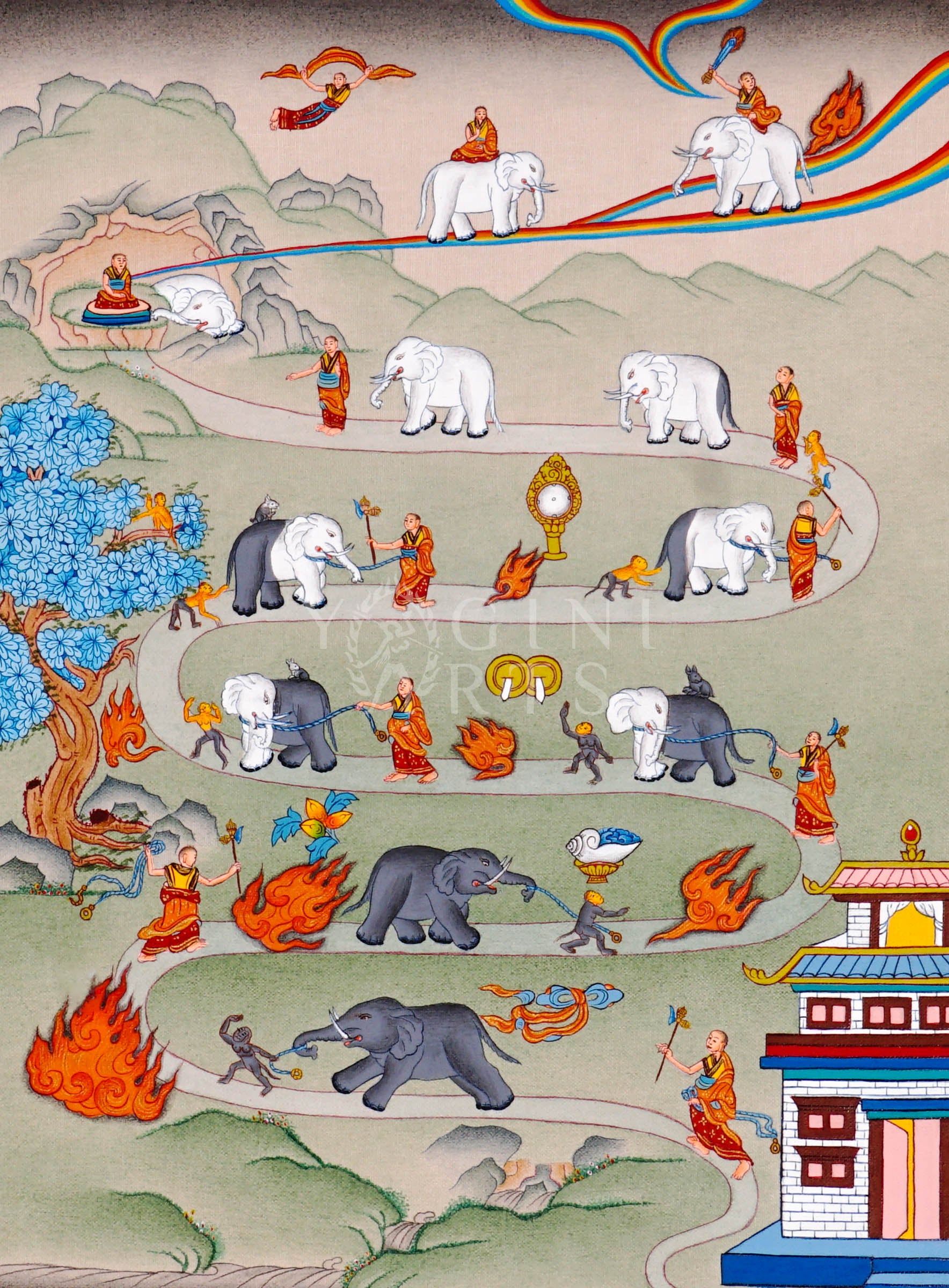 Way to Heaven thangka featuring monks guiding elephants along symbolic spiritual pathway