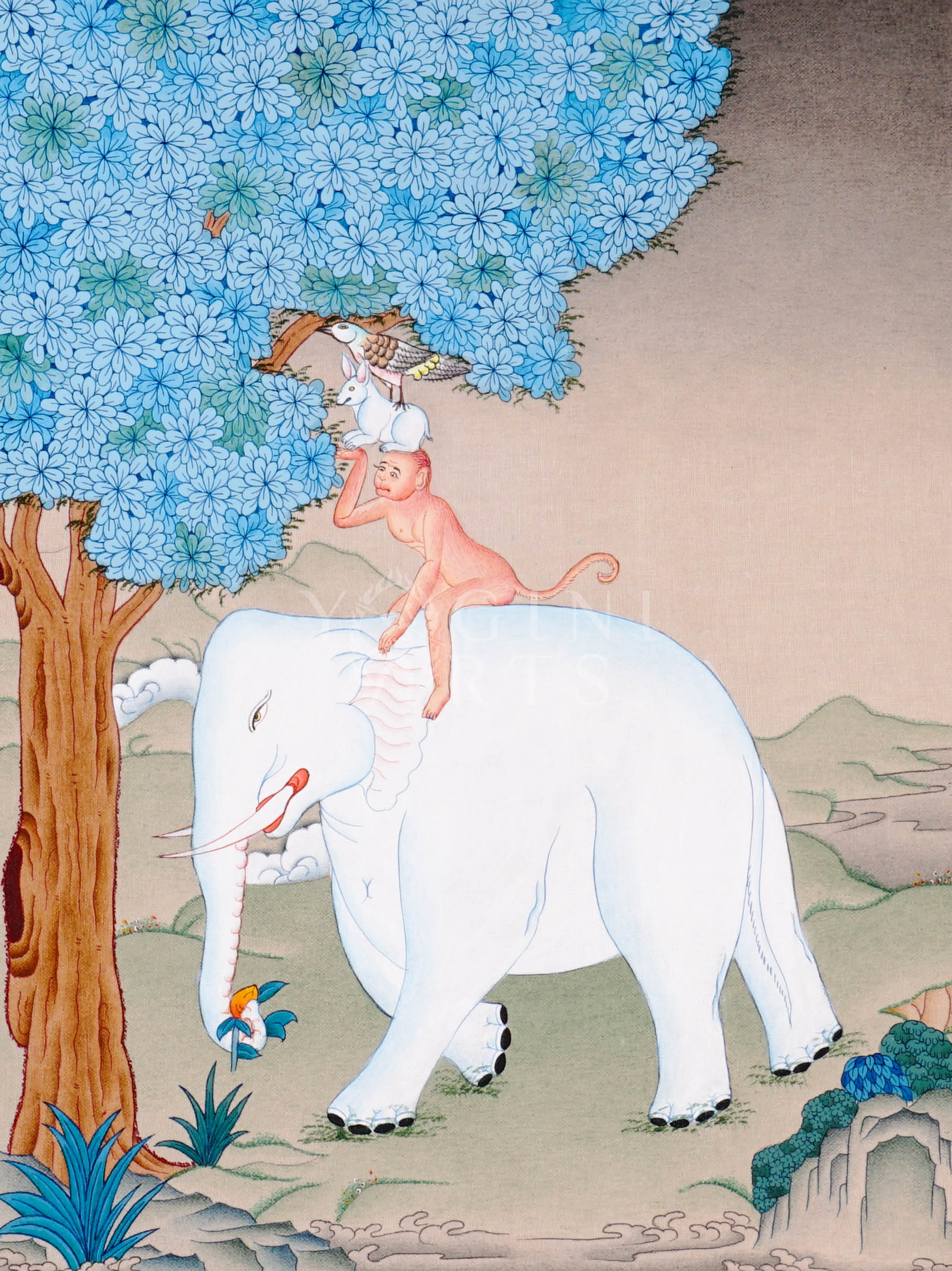Four Harmonious Friends Tibetan thangka featuring elephant, monkey, rabbit, and bird beneath blue flowering tree
