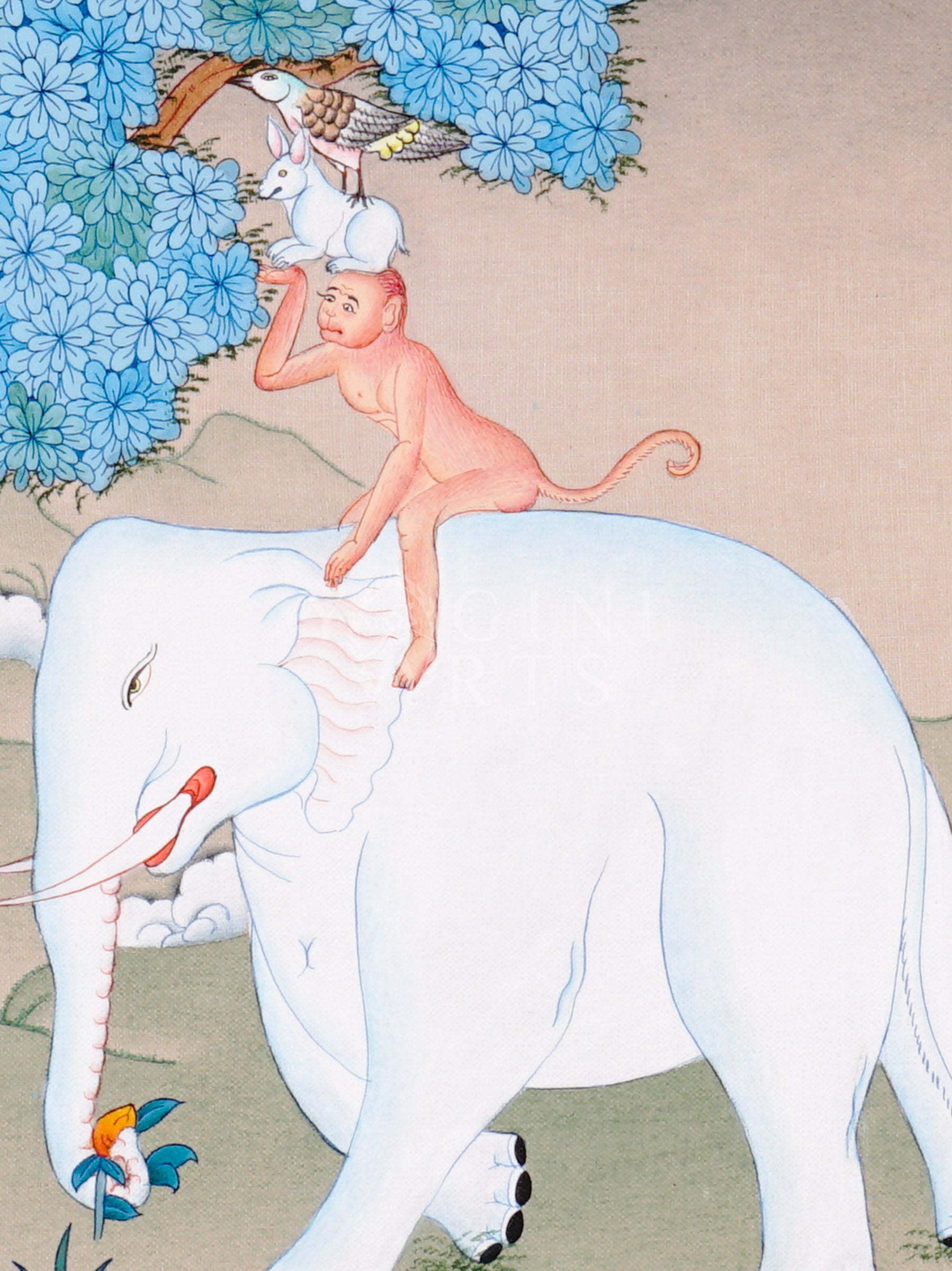 Four Harmonious Friends Tibetan thangka featuring elephant, monkey, rabbit, and bird beneath blue flowering tree