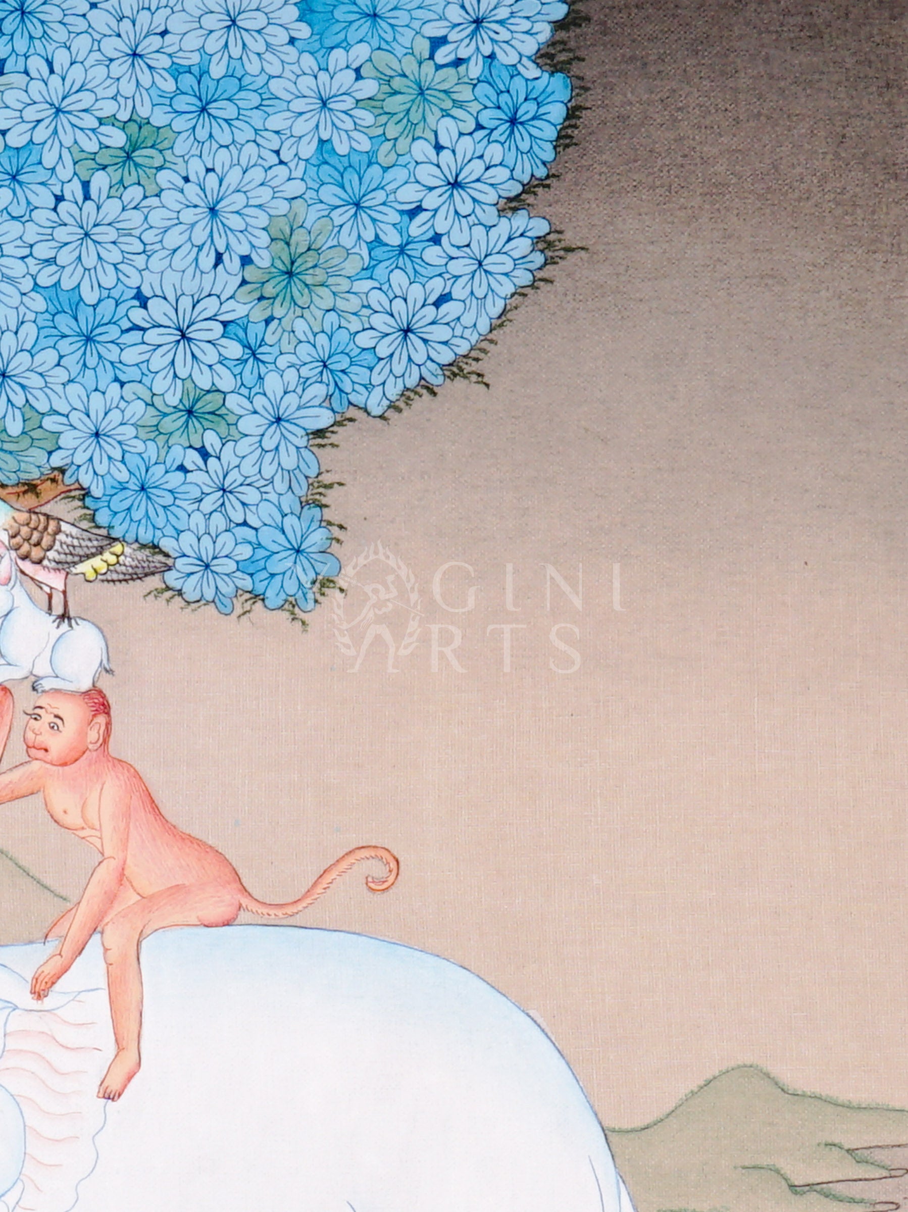 Four Harmonious Friends Tibetan thangka featuring elephant, monkey, rabbit, and bird beneath blue flowering tree
