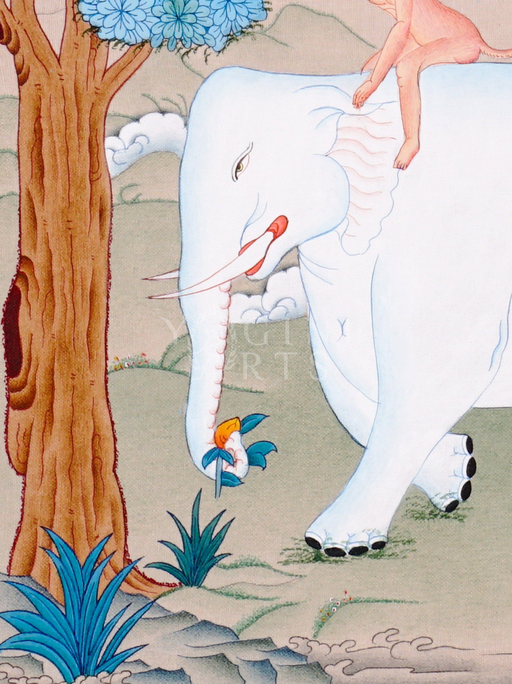 Four Harmonious Friends Tibetan thangka featuring elephant, monkey, rabbit, and bird beneath blue flowering tree
