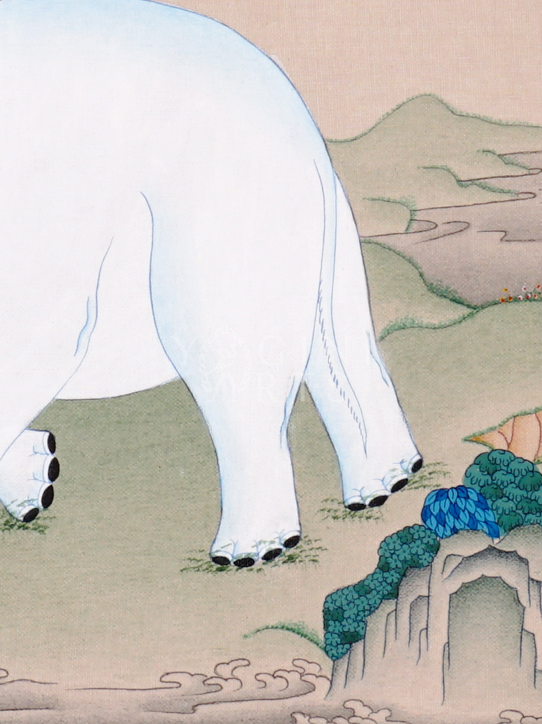 Four Harmonious Friends Tibetan thangka featuring elephant, monkey, rabbit, and bird beneath blue flowering tree