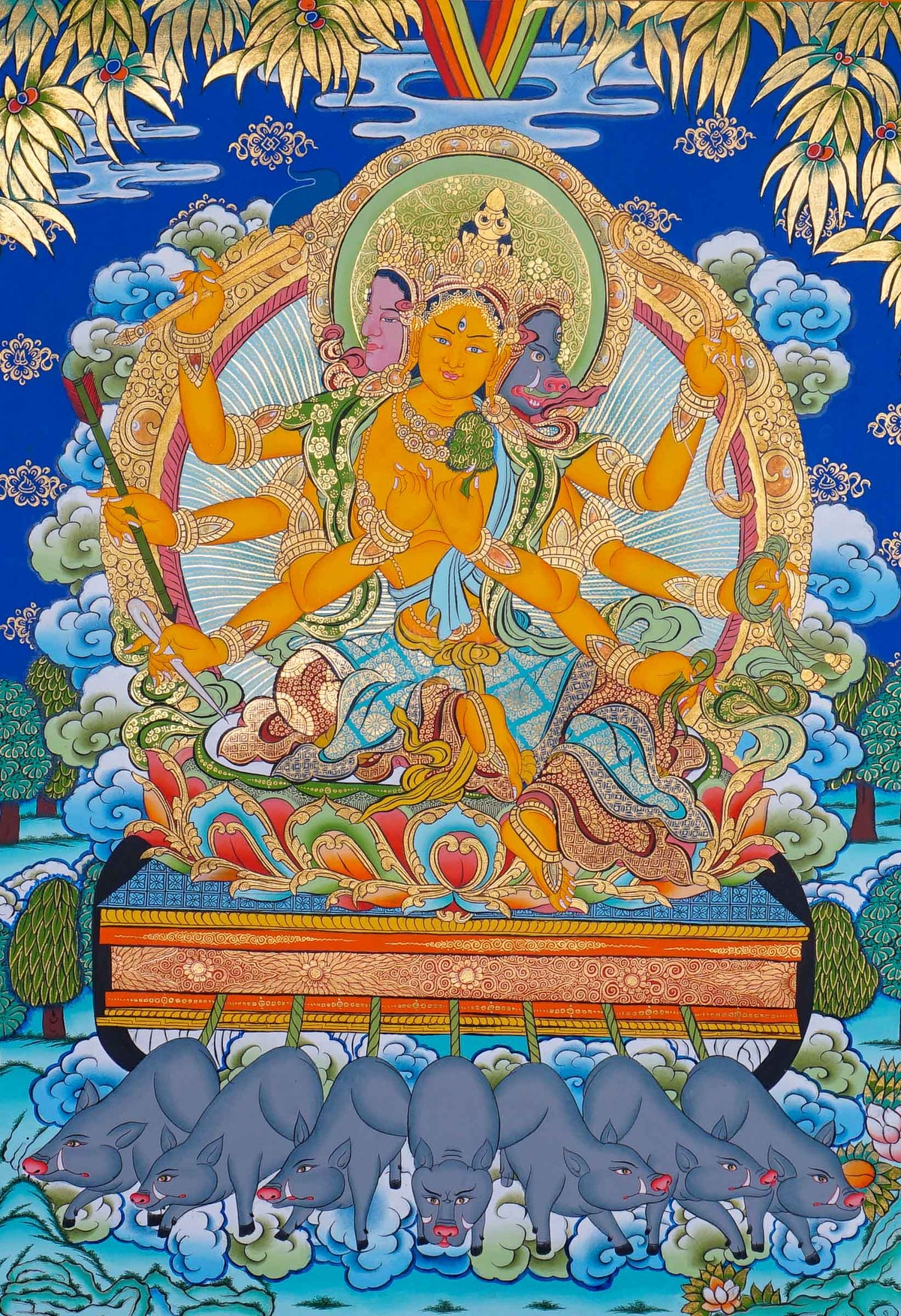 Marichi Tibetan Buddhist Thangka painting with seven pig chariot, hand painted in Nepal