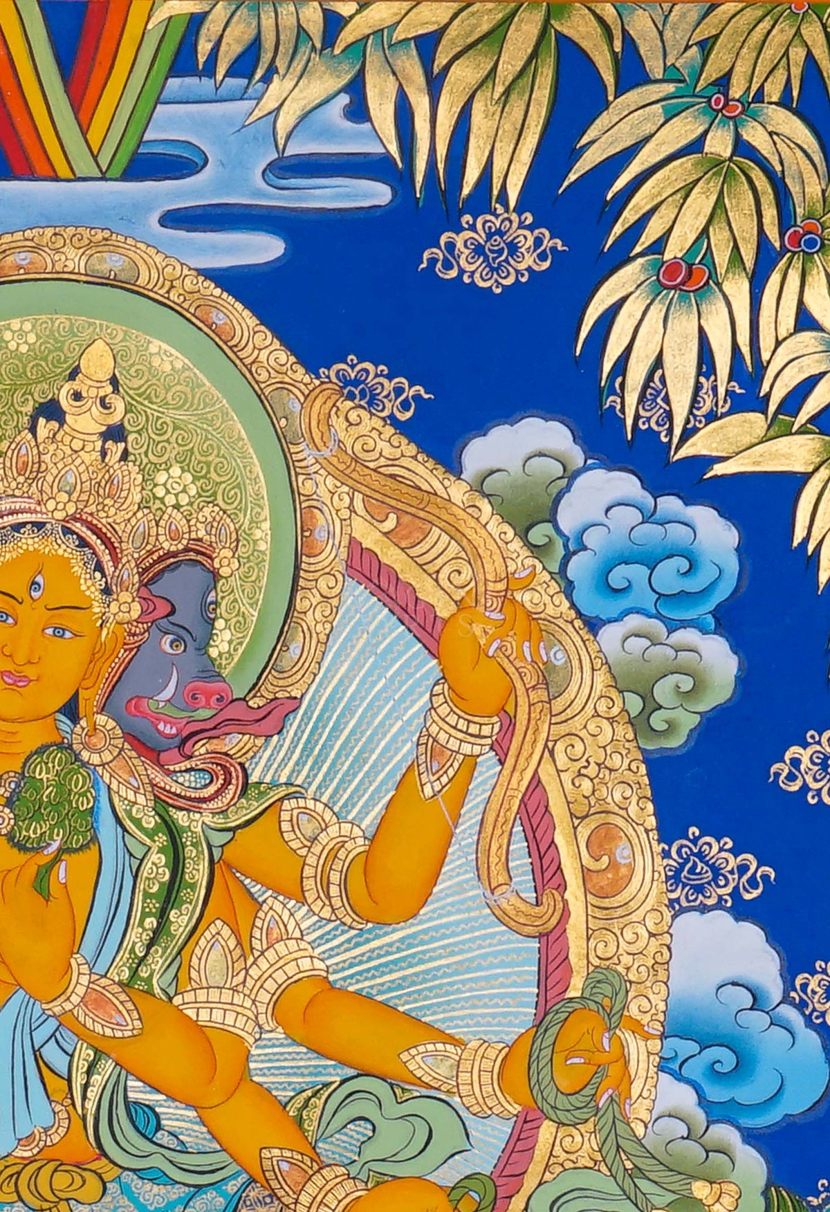 Marichi Tibetan Buddhist Thangka painting with seven pig chariot, hand painted in Nepal