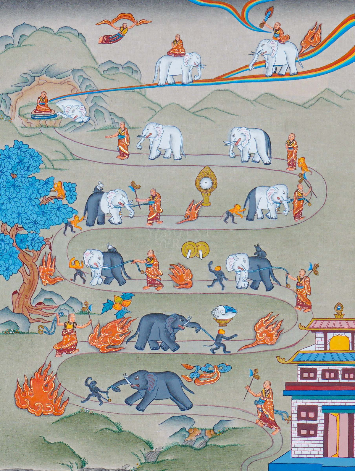 Way to Heaven Thangka painting featuring elephants, Buddhist monks, winding mountain paths, symbolic flames, and traditional Himalayan scenery, 30 x 23 cm
