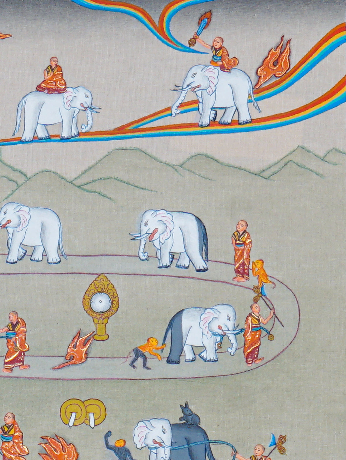 Way to Heaven Thangka painting featuring elephants, Buddhist monks, winding mountain paths, symbolic flames, and traditional Himalayan scenery, 30 x 23 cm