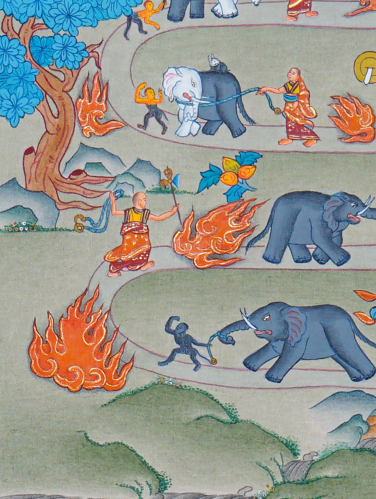 Way to Heaven Thangka painting featuring elephants, Buddhist monks, winding mountain paths, symbolic flames, and traditional Himalayan scenery, 30 x 23 cm