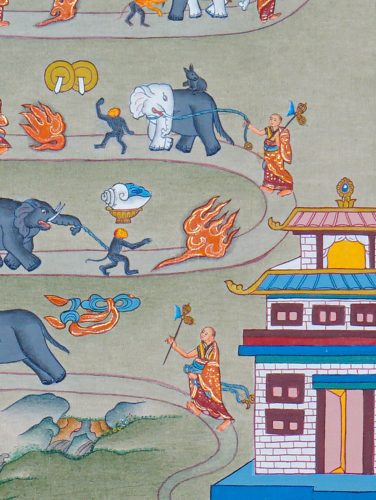 Way to Heaven Thangka painting featuring elephants, Buddhist monks, winding mountain paths, symbolic flames, and traditional Himalayan scenery, 30 x 23 cm