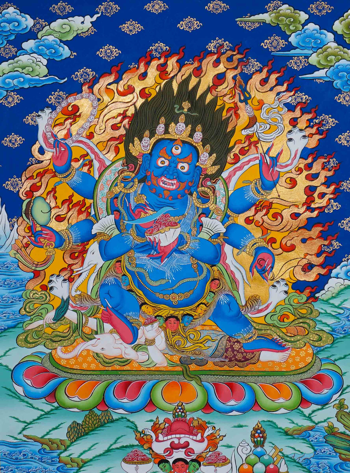 6 Hand Mahakala Thangka painting with flames and Tibetan Buddhist symbolism, traditional Nepalese Buddhist art