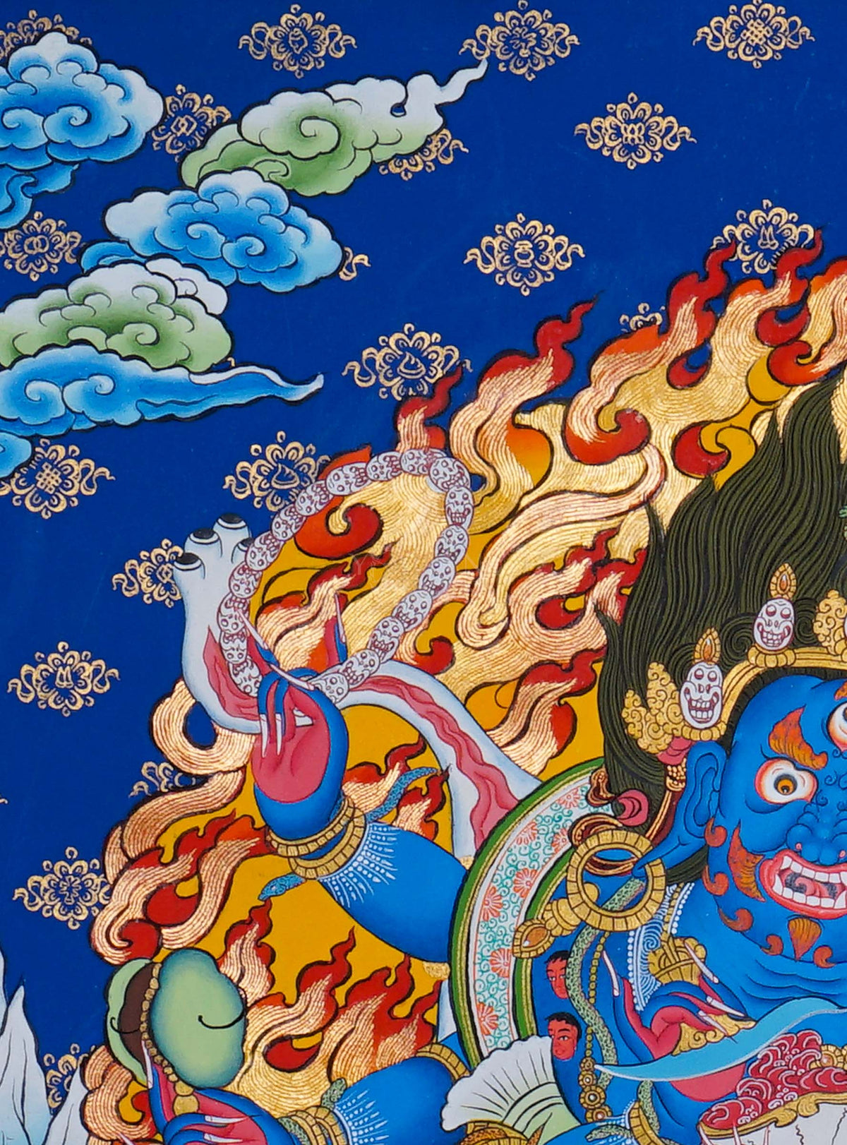 6 Hand Mahakala Thangka painting with flames and Tibetan Buddhist symbolism, traditional Nepalese Buddhist art