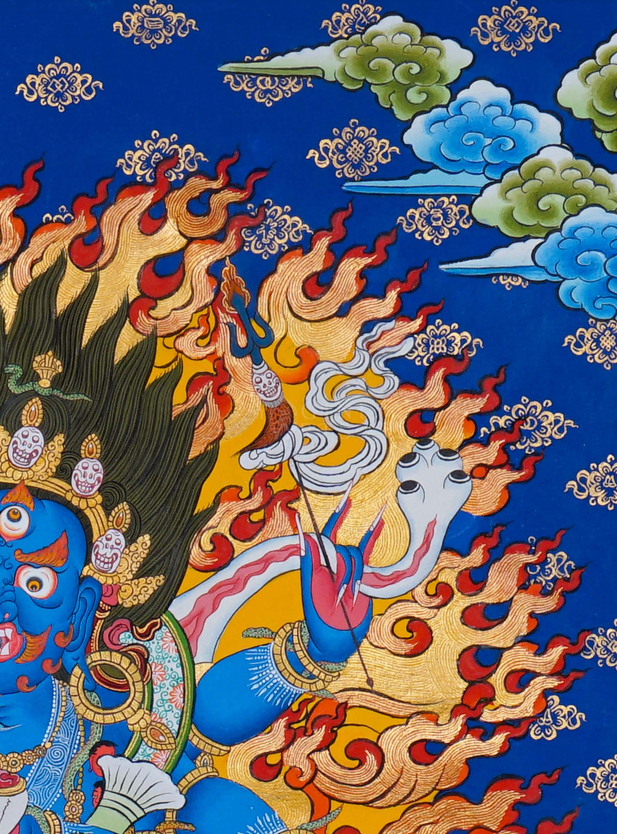 6 Hand Mahakala Thangka painting with flames and Tibetan Buddhist symbolism, traditional Nepalese Buddhist art