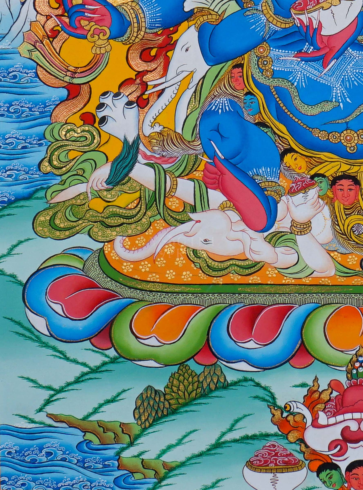 6 Hand Mahakala Thangka painting with flames and Tibetan Buddhist symbolism, traditional Nepalese Buddhist art