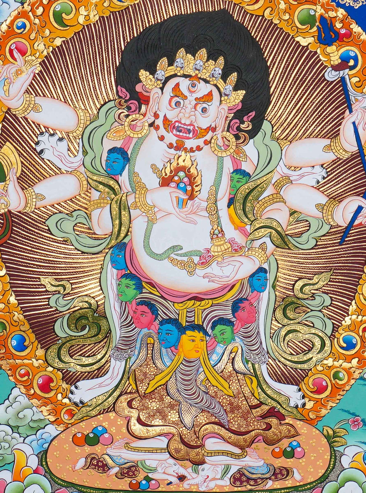 White Mahakala Thangka painting with sacred flames, lotus throne and Tibetan Buddhist symbolism, traditional Nepalese Buddhist art
