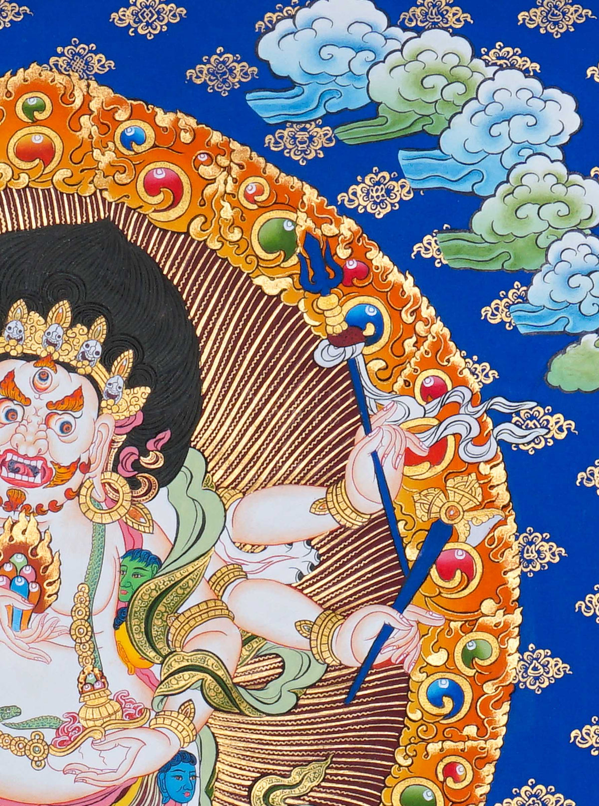 White Mahakala Thangka painting with sacred flames, lotus throne and Tibetan Buddhist symbolism, traditional Nepalese Buddhist art