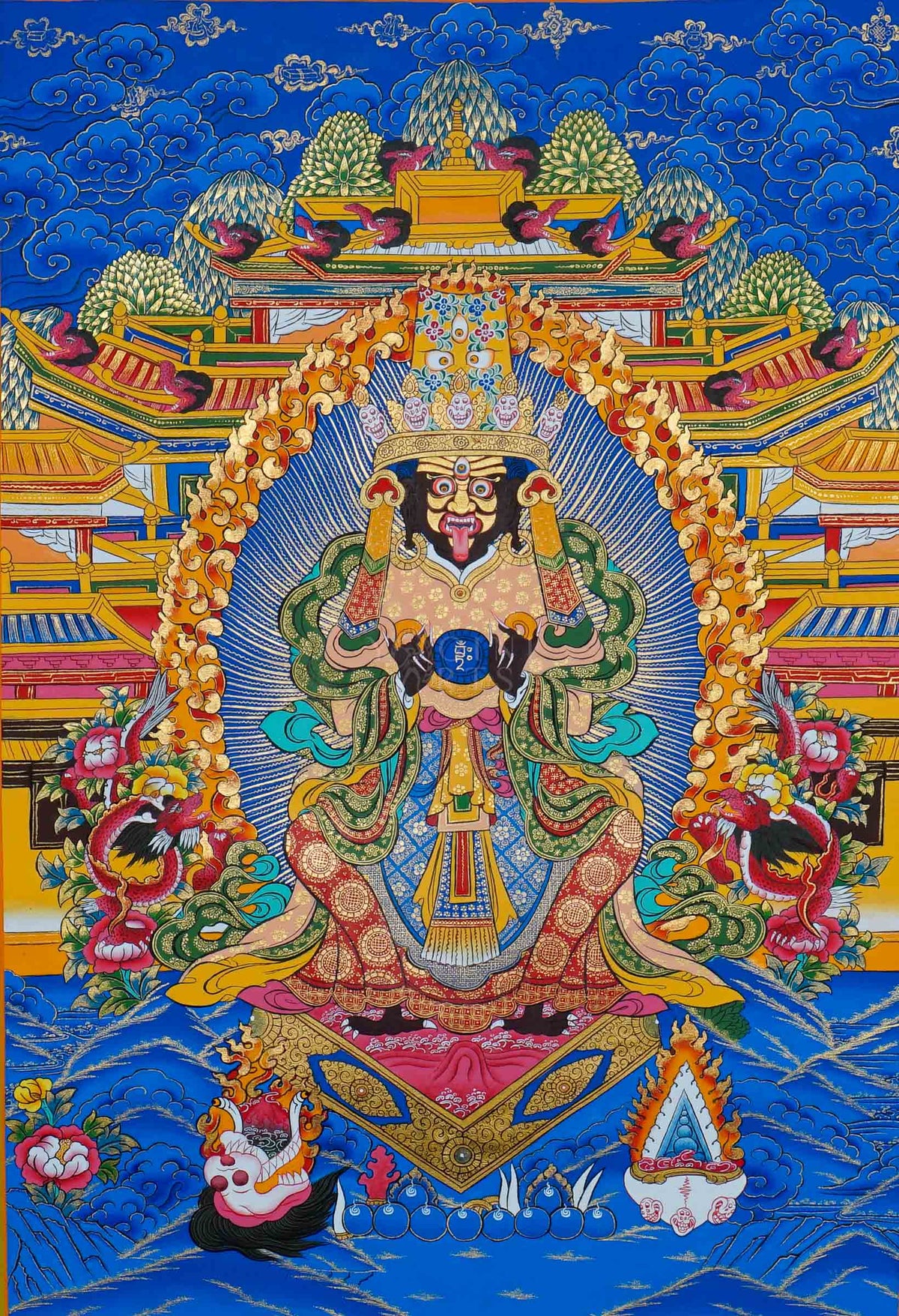 Zhaji Lhamo Thangka painting featuring Tibetan Buddhist protector deity with sacred symbols, ornate details and vibrant Himalayan artwork from Nepal