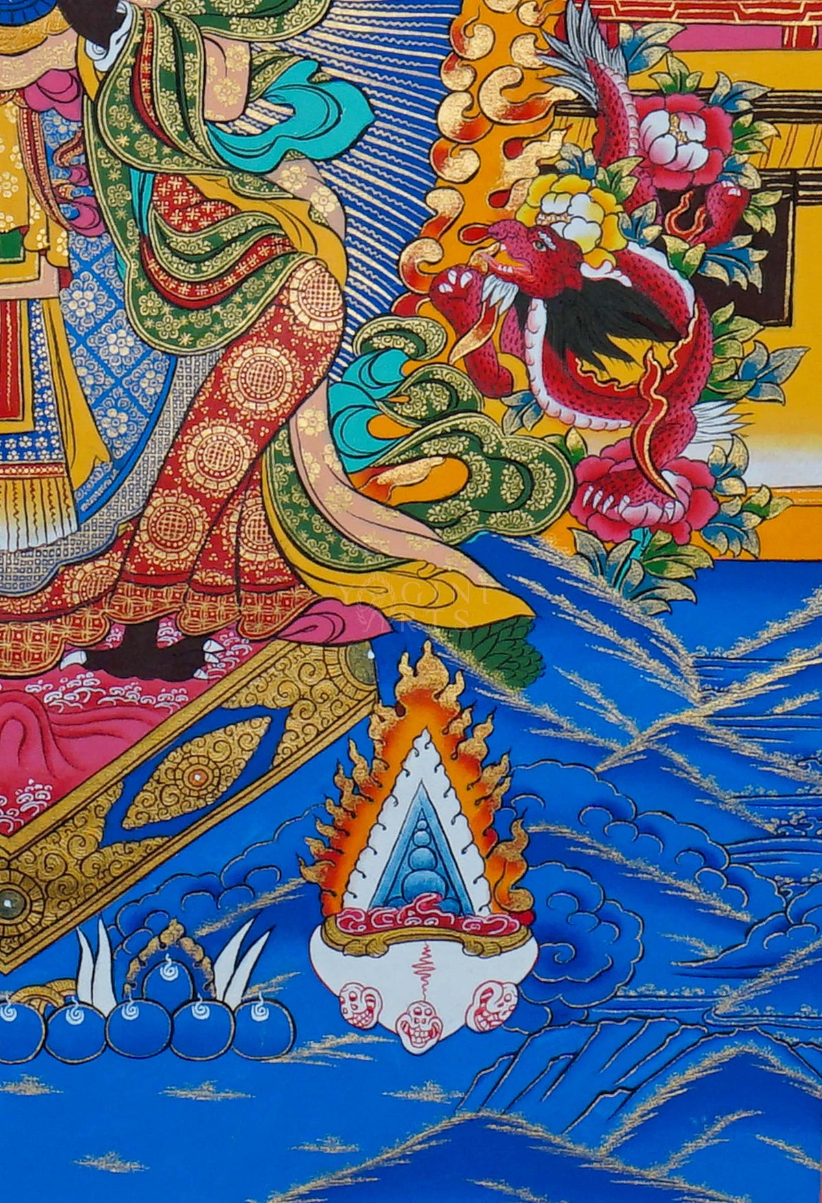 Zhaji Lhamo Thangka painting featuring Tibetan Buddhist protector deity with sacred symbols, ornate details and vibrant Himalayan artwork from Nepal