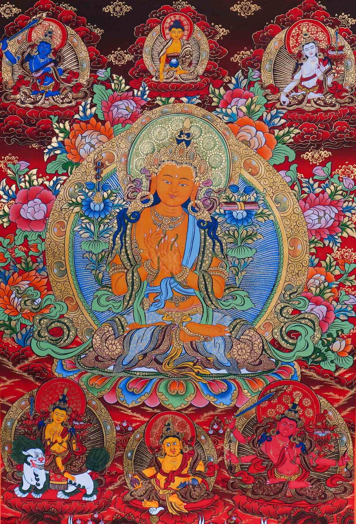 Manjushree Thangka painting with central Buddhist deity, surrounding figures, lotus motifs and intricate traditional Himalayan Buddhist artwork from Nepal