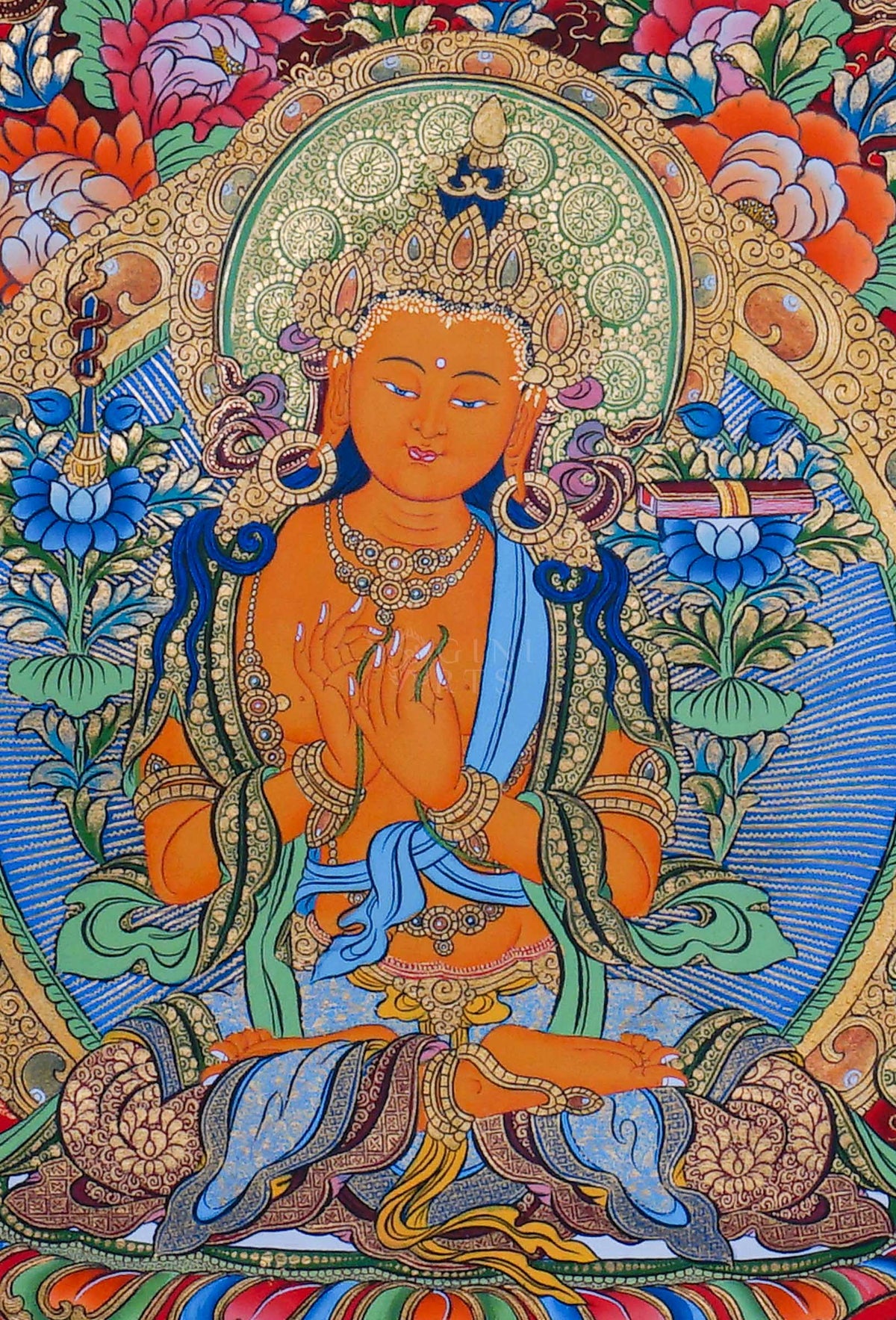 Manjushree Thangka painting with central Buddhist deity, surrounding figures, lotus motifs and intricate traditional Himalayan Buddhist artwork from Nepal