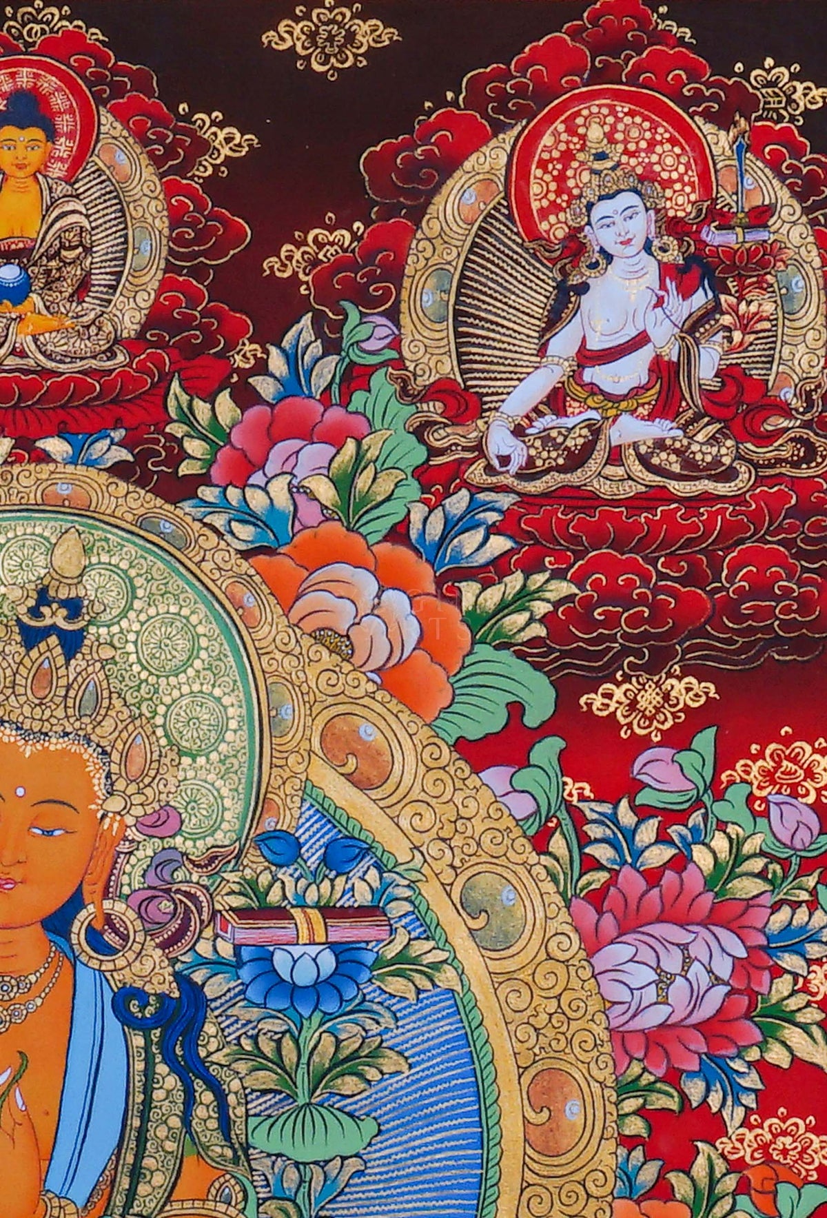 Manjushree Thangka painting with central Buddhist deity, surrounding figures, lotus motifs and intricate traditional Himalayan Buddhist artwork from Nepal