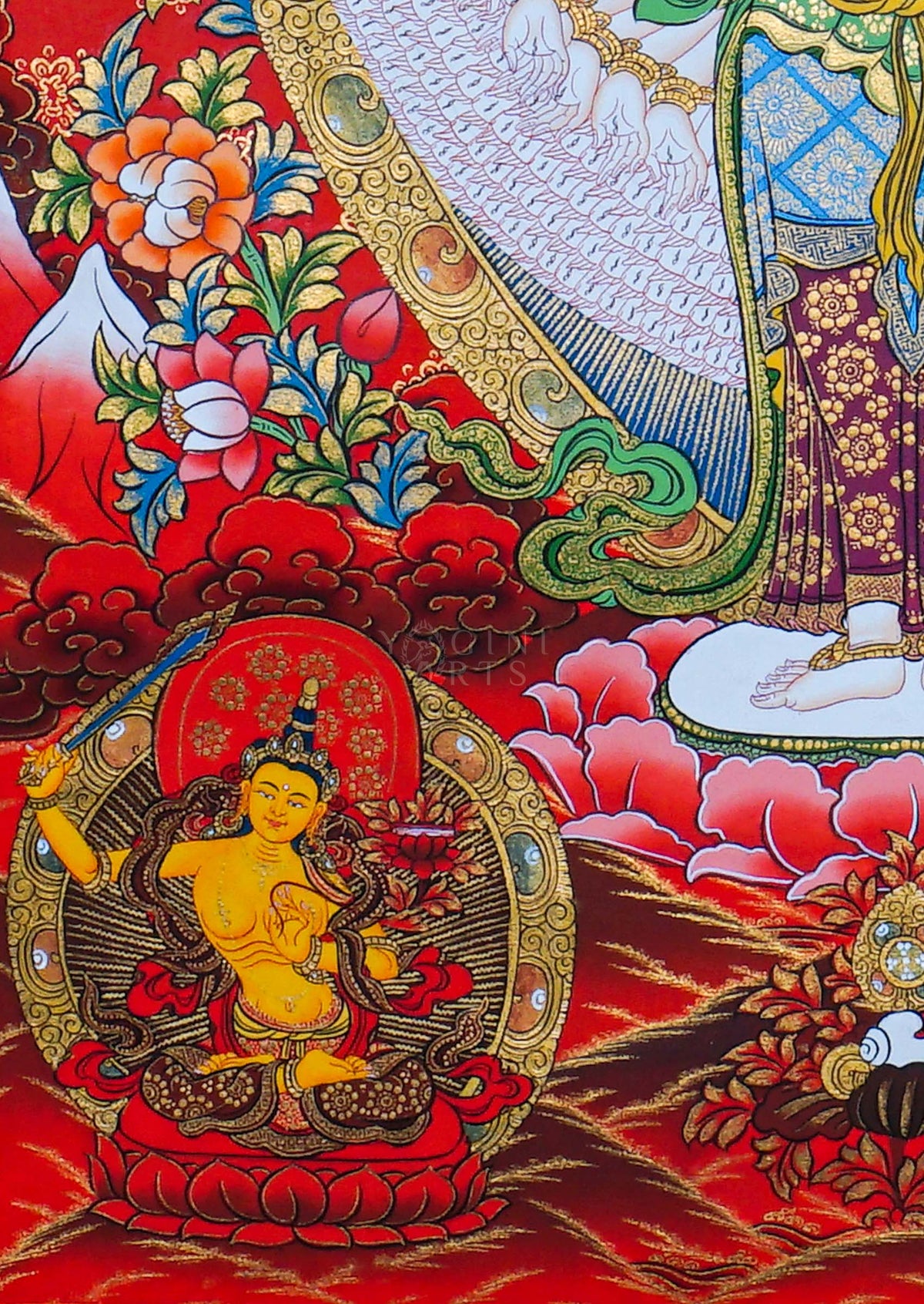 Avalokeshwor Thangka painting featuring the compassionate bodhisattva with multiple arms, Buddhist figures, lotus motifs and intricate Himalayan Buddhist artwork from Nepal