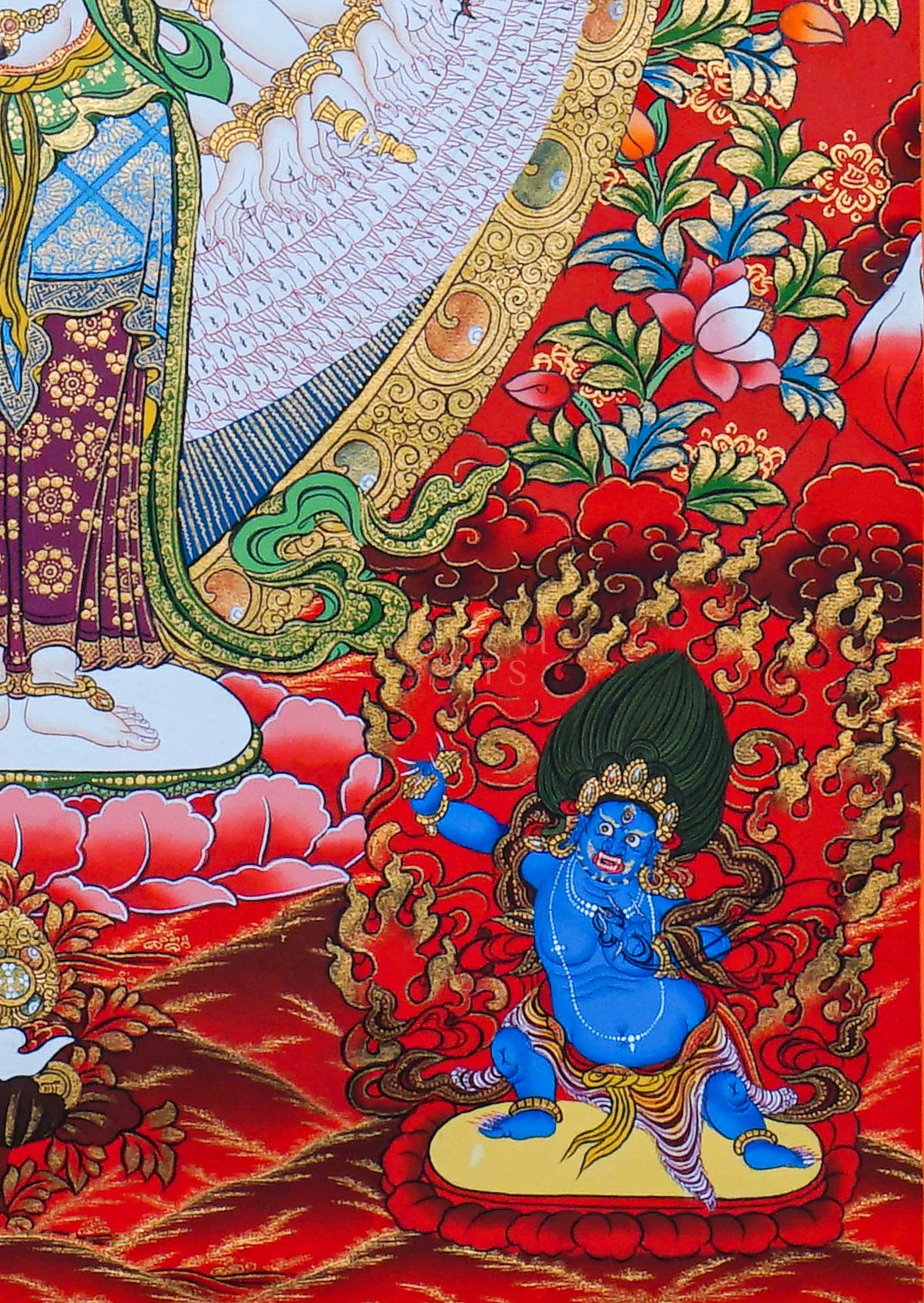 Avalokeshwor Thangka painting featuring the compassionate bodhisattva with multiple arms, Buddhist figures, lotus motifs and intricate Himalayan Buddhist artwork from Nepal