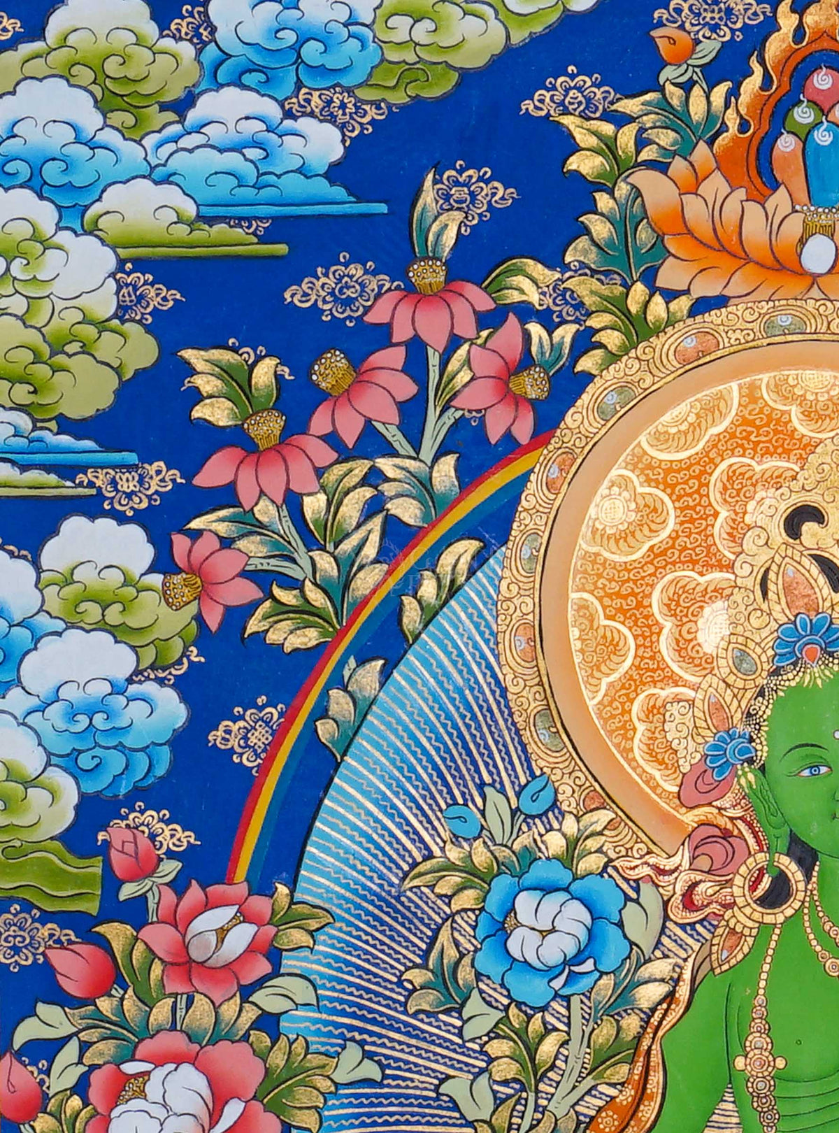 Green Tara Thangka painting depicting Green Tara seated on a lotus throne surrounded by flowers, clouds and intricate traditional Tibetan Buddhist artwork from Nepal