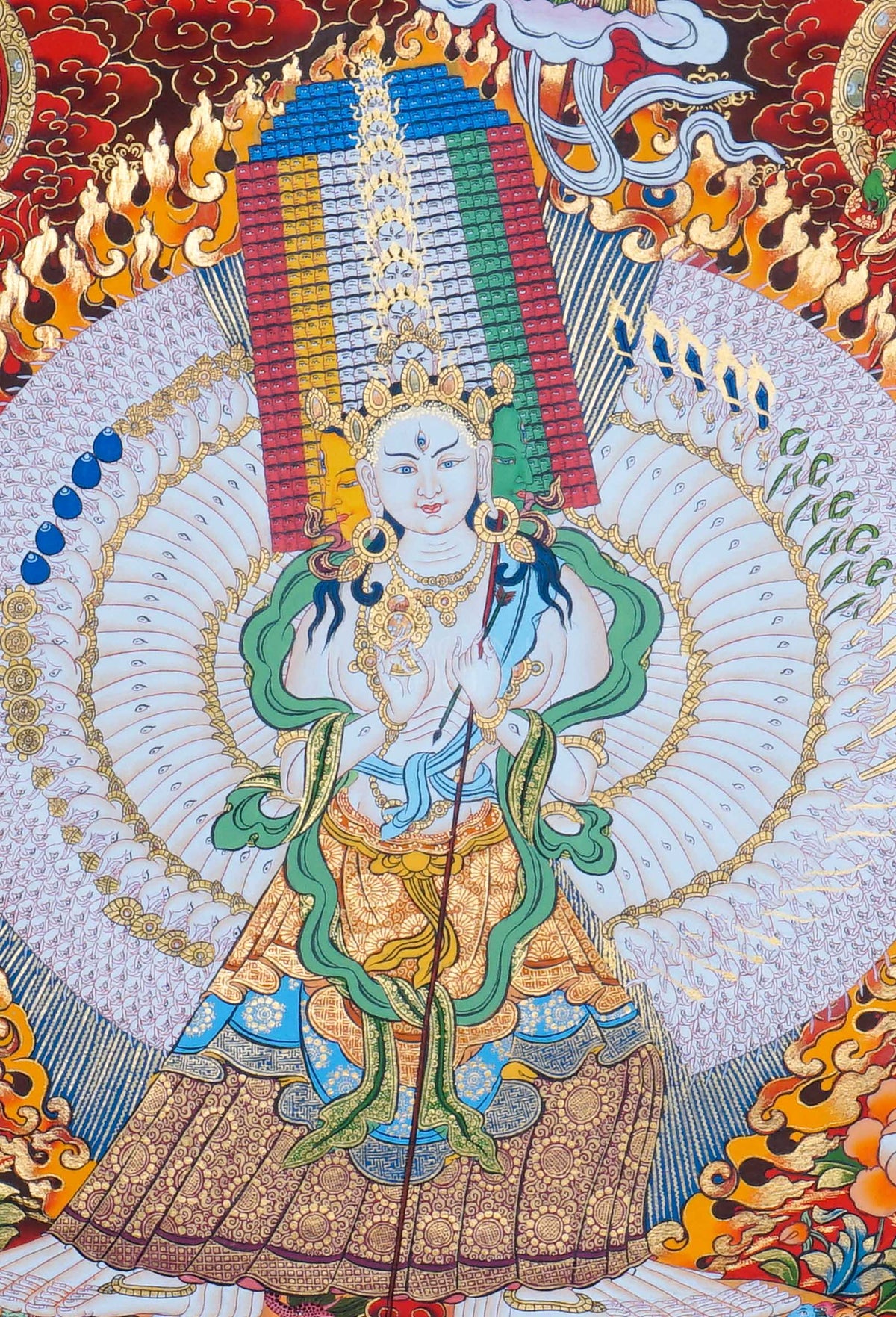 Dhukkar Thangka painting depicting the White Umbrella deity surrounded by protective figures, flames, flowers and intricate Tibetan Buddhist artwork from Nepal
