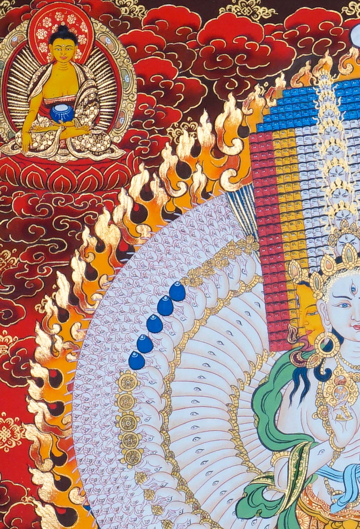 Dhukkar Thangka painting depicting the White Umbrella deity surrounded by protective figures, flames, flowers and intricate Tibetan Buddhist artwork from Nepal