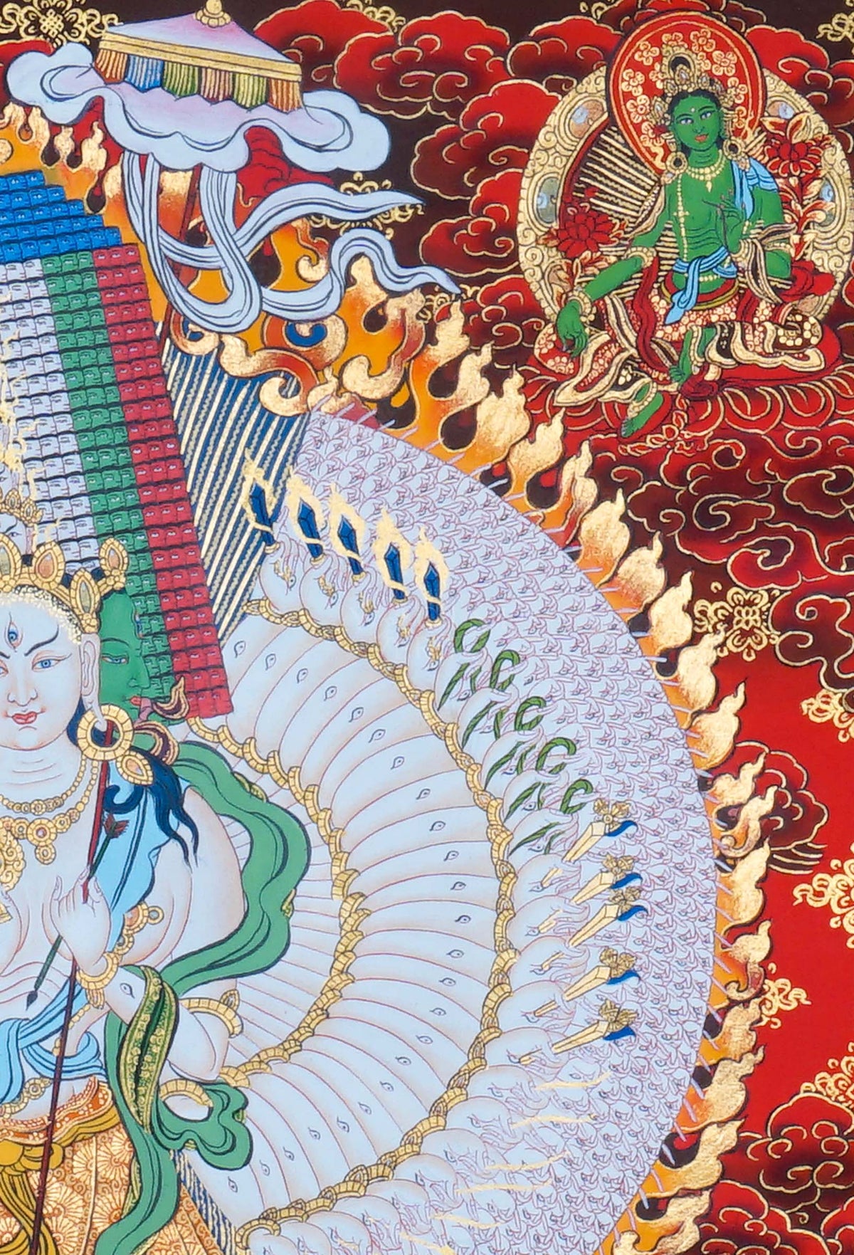 Dhukkar Thangka painting depicting the White Umbrella deity surrounded by protective figures, flames, flowers and intricate Tibetan Buddhist artwork from Nepal